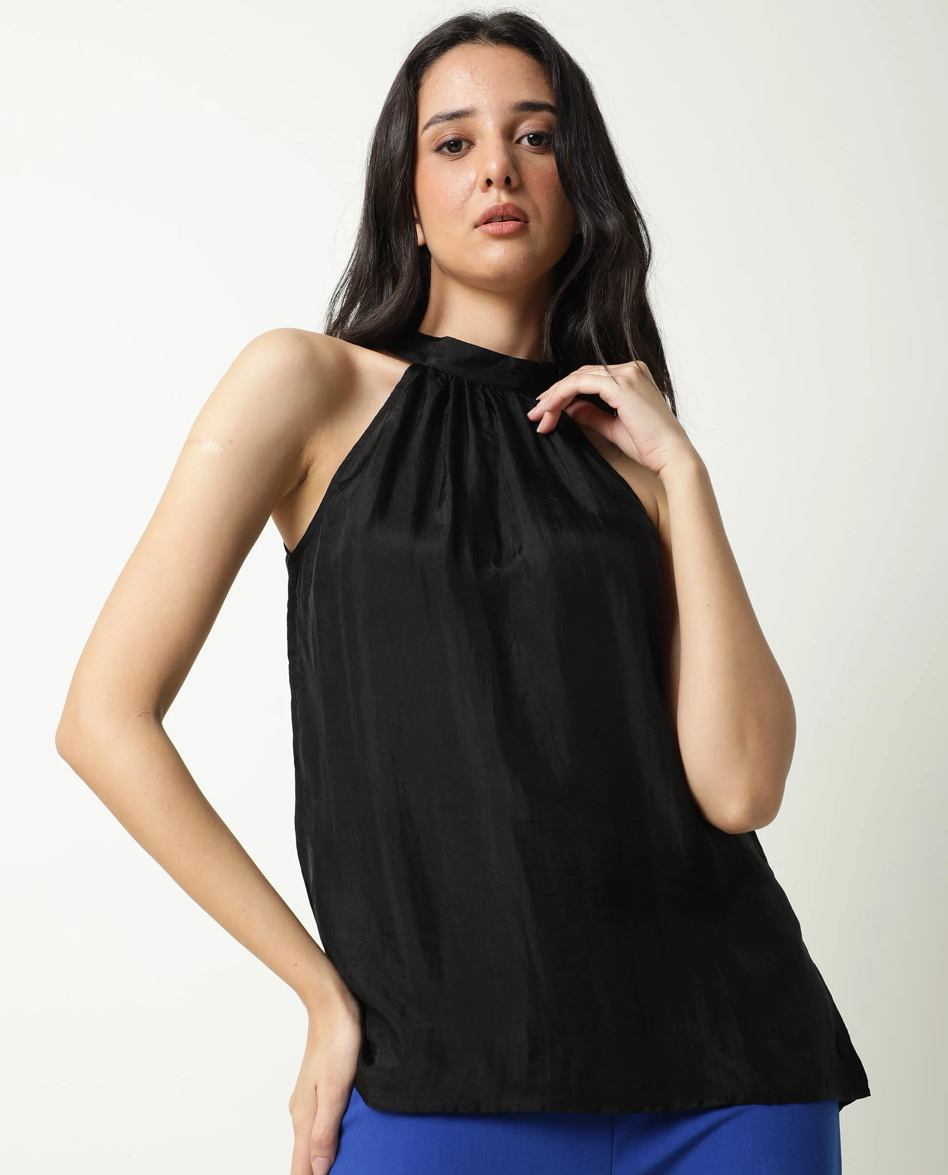 Rareism Women's Sahano Black Polyester Blend Halter Neck Plain Sleeveless Slim Fit Top - Image 5