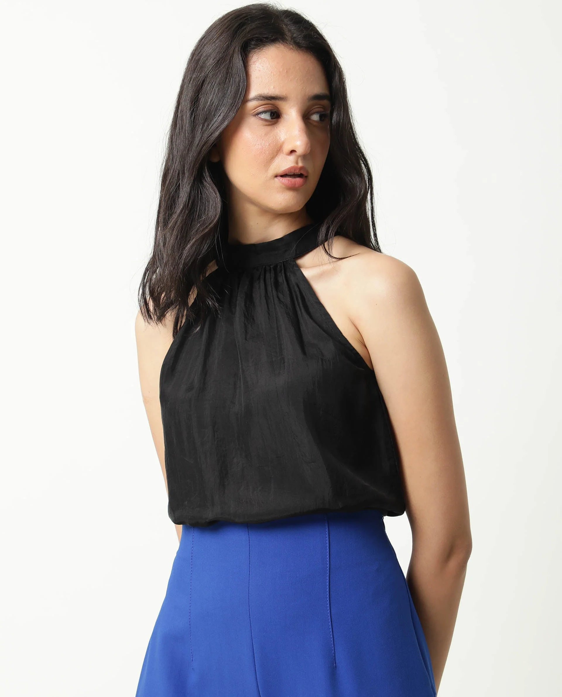 Rareism Women's Sahano Black Polyester Blend Halter Neck Plain Sleeveless Slim Fit Top - Image 6
