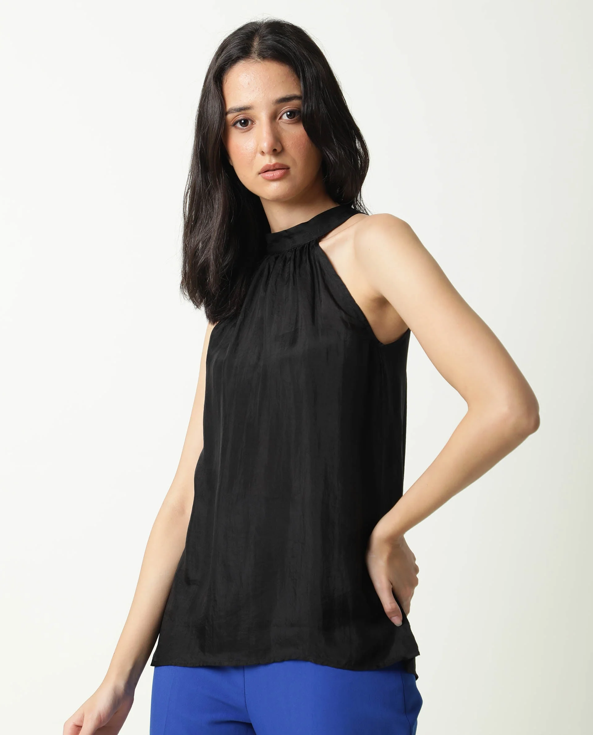 Rareism Women's Sahano Black Polyester Blend Halter Neck Plain Sleeveless Slim Fit Top - Image 7
