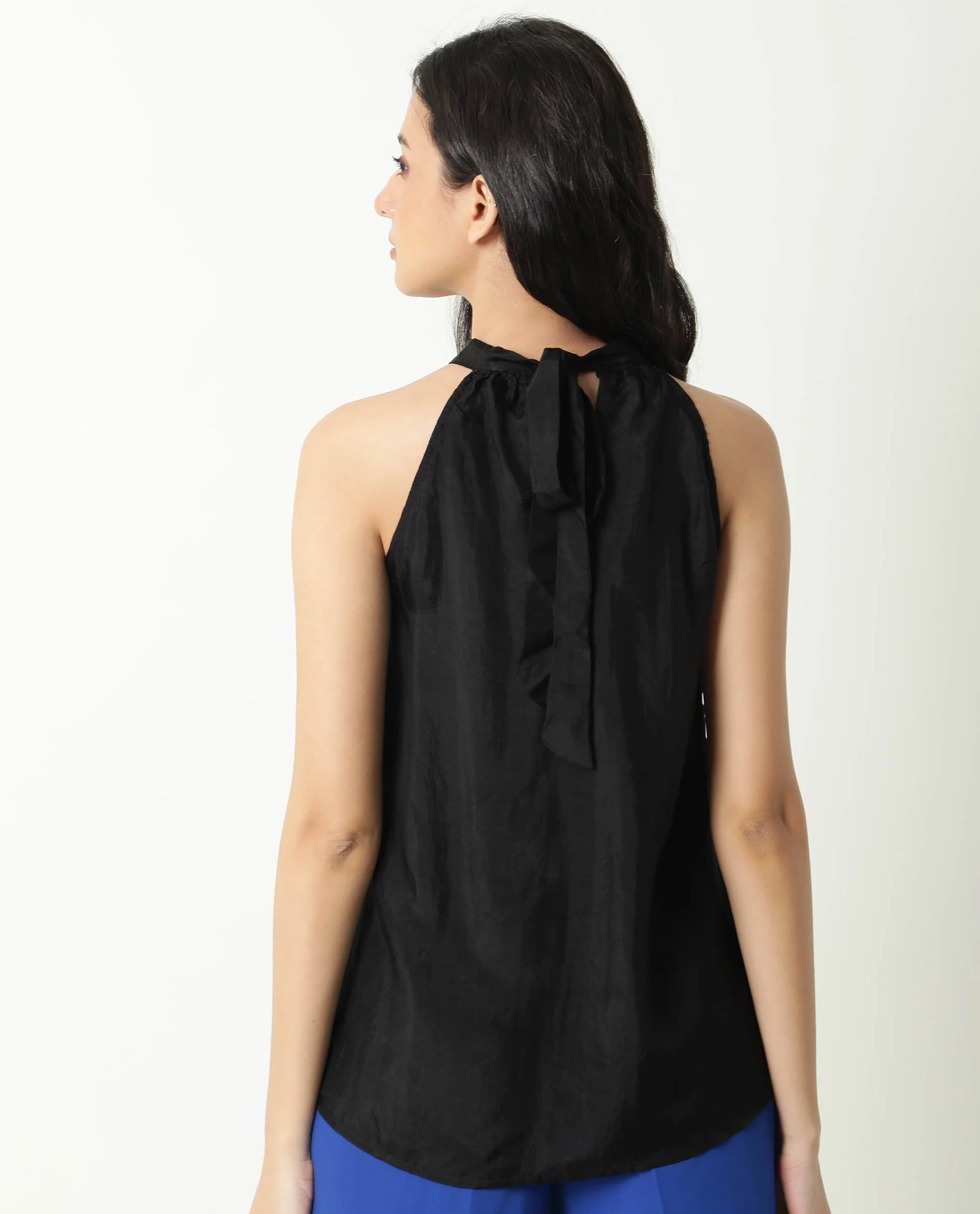 Rareism Women's Sahano Black Polyester Blend Halter Neck Plain Sleeveless Slim Fit Top - Image 9