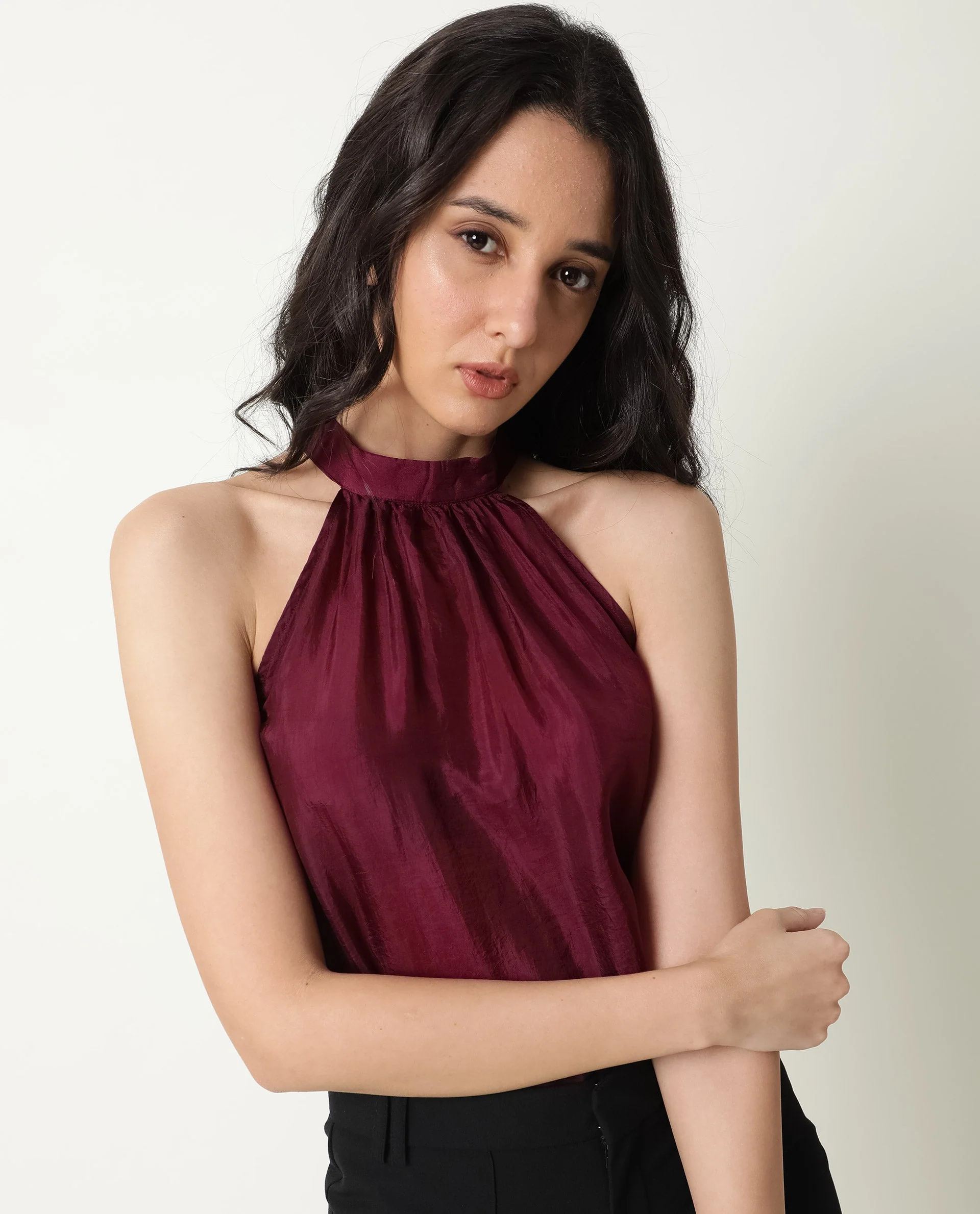 Rareism Womens Sahano Maroon Top Poly Viscose Fabric Sleeveless Halter Neck