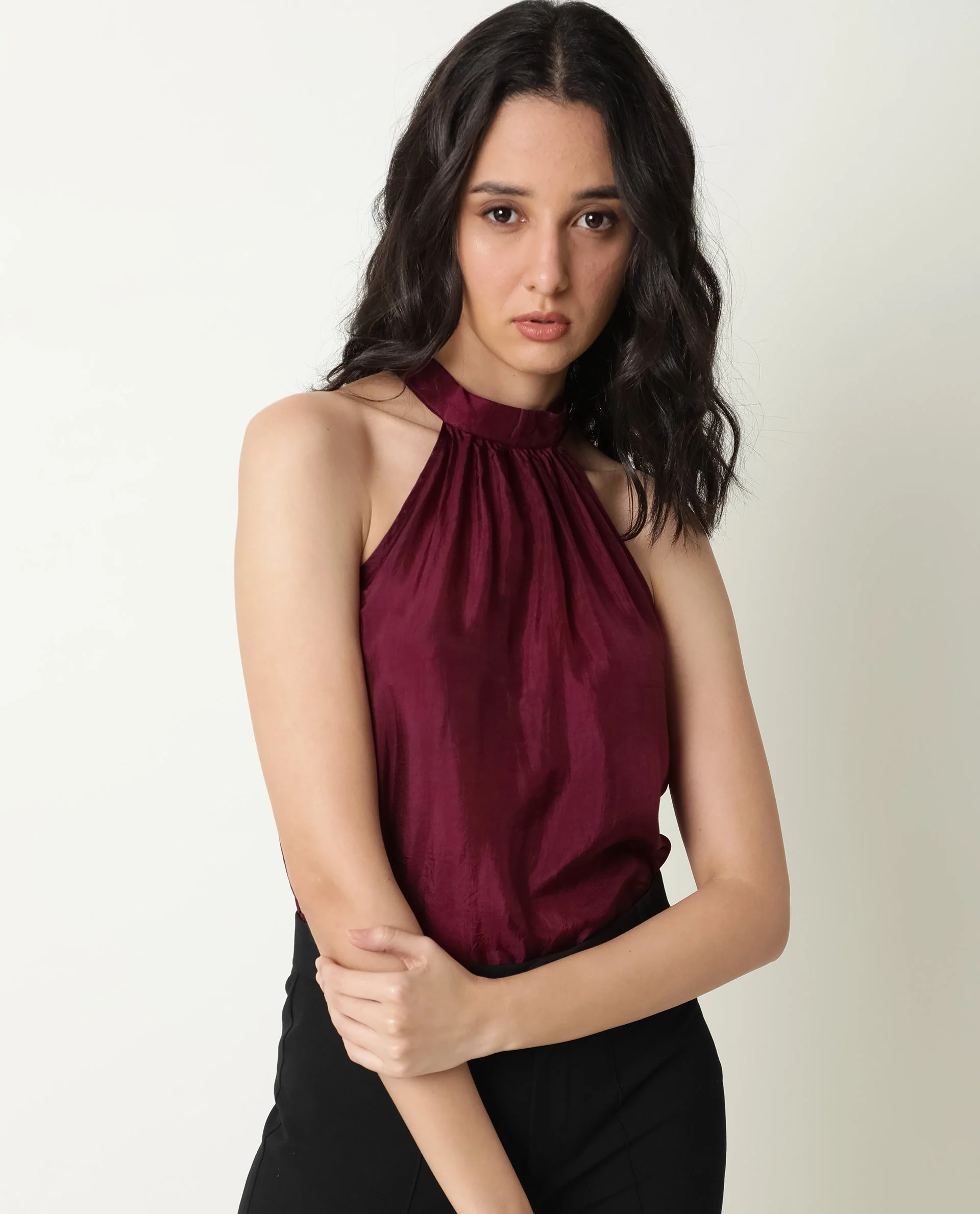 Rareism Womens Sahano Maroon Top Poly Viscose Fabric Sleeveless Halter Neck - Image 4