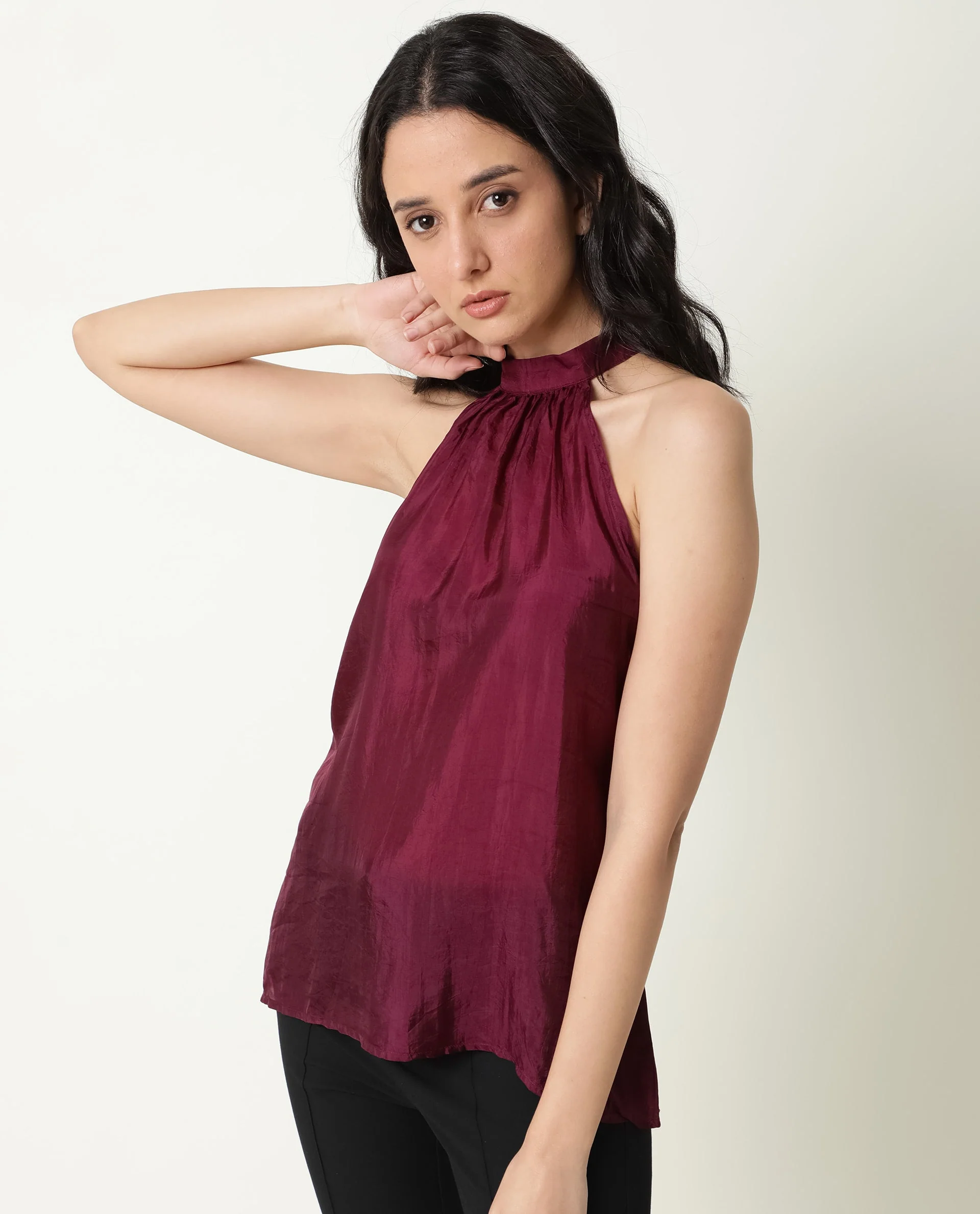 Rareism Womens Sahano Maroon Top Poly Viscose Fabric Sleeveless Halter Neck - Image 6