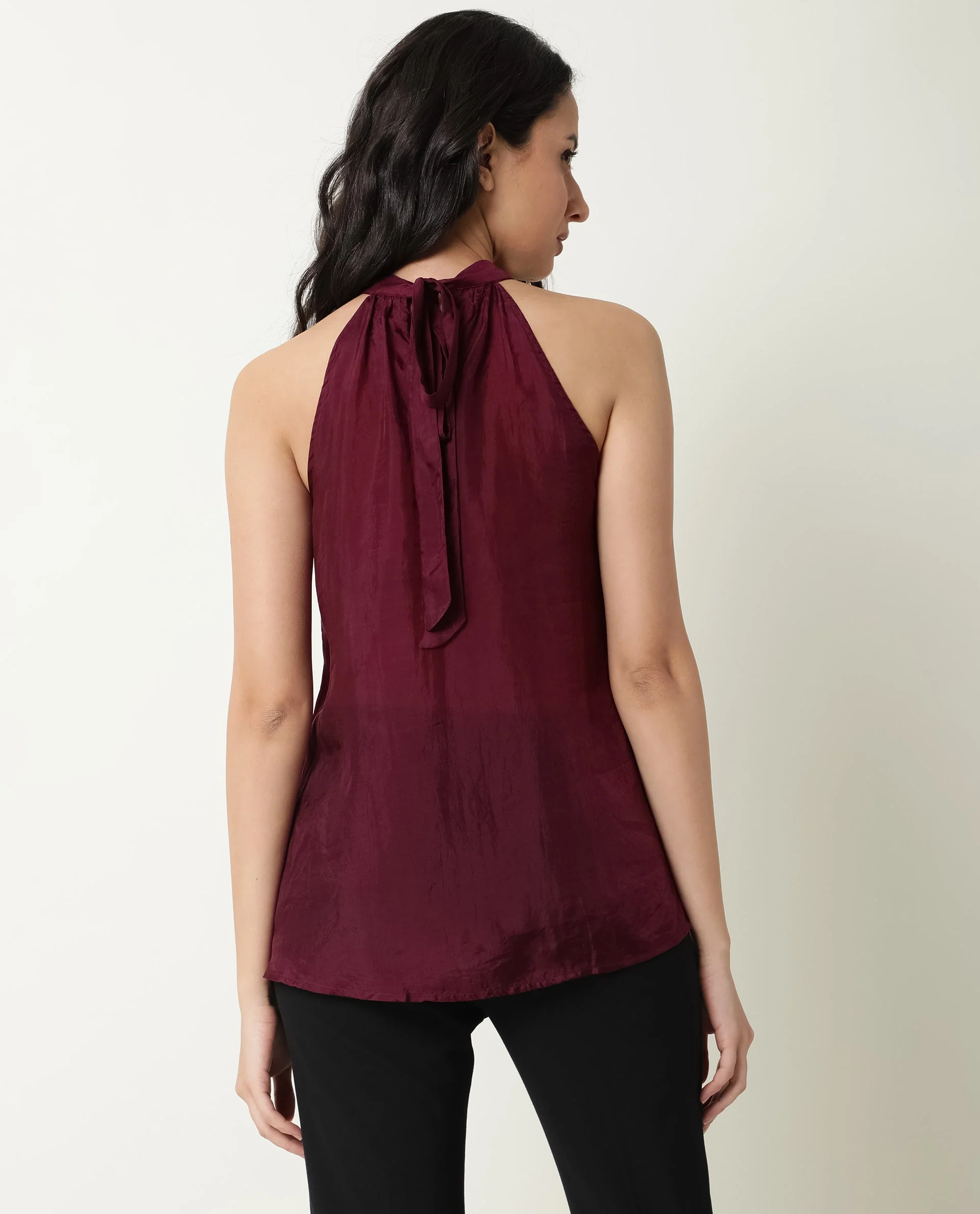 Rareism Womens Sahano Maroon Top Poly Viscose Fabric Sleeveless Halter Neck - Image 8