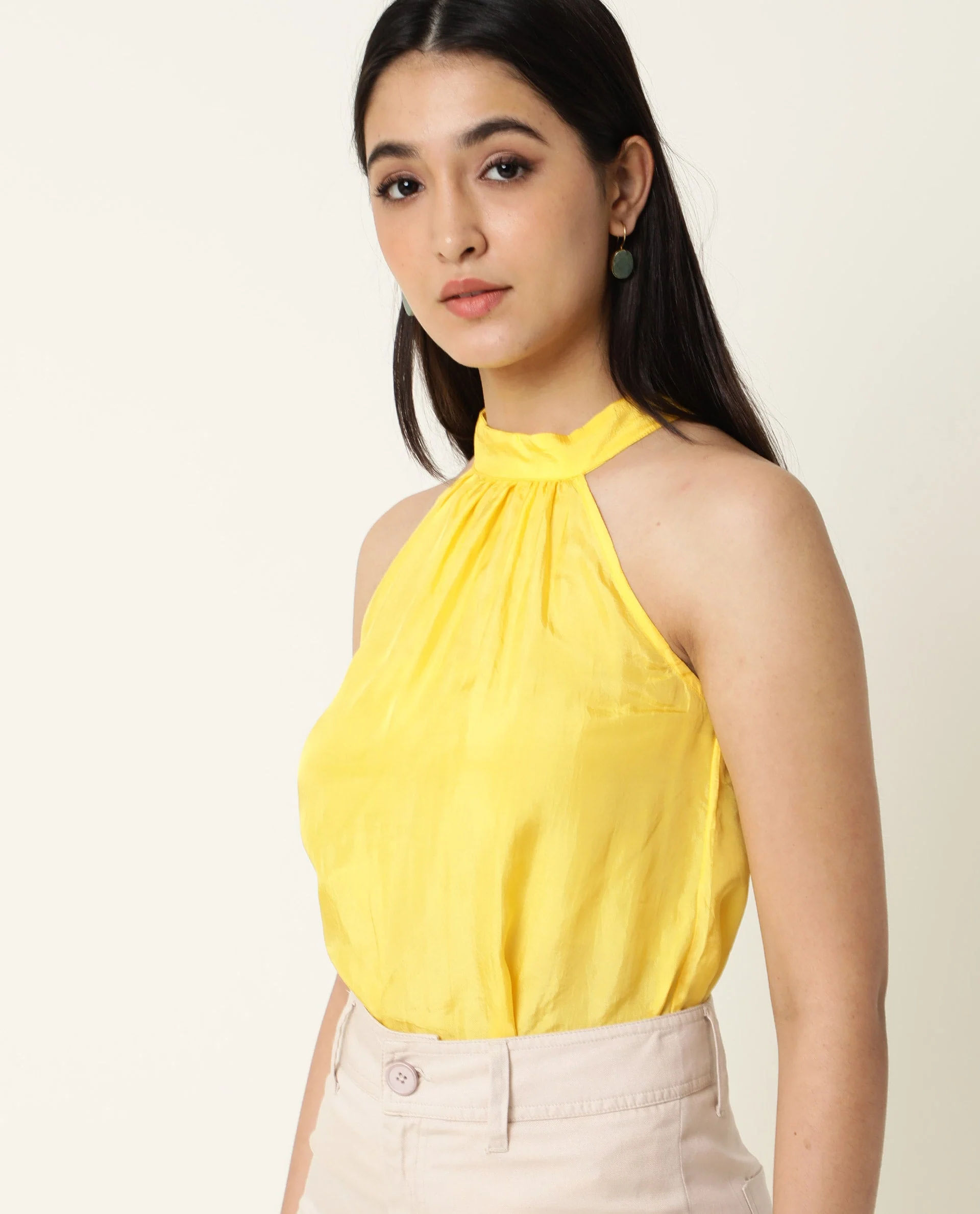 Rareism Women's Sahano Yellow Polyester Blend Halter Neck Plain Sleeveless Slim Fit Top - Image 3