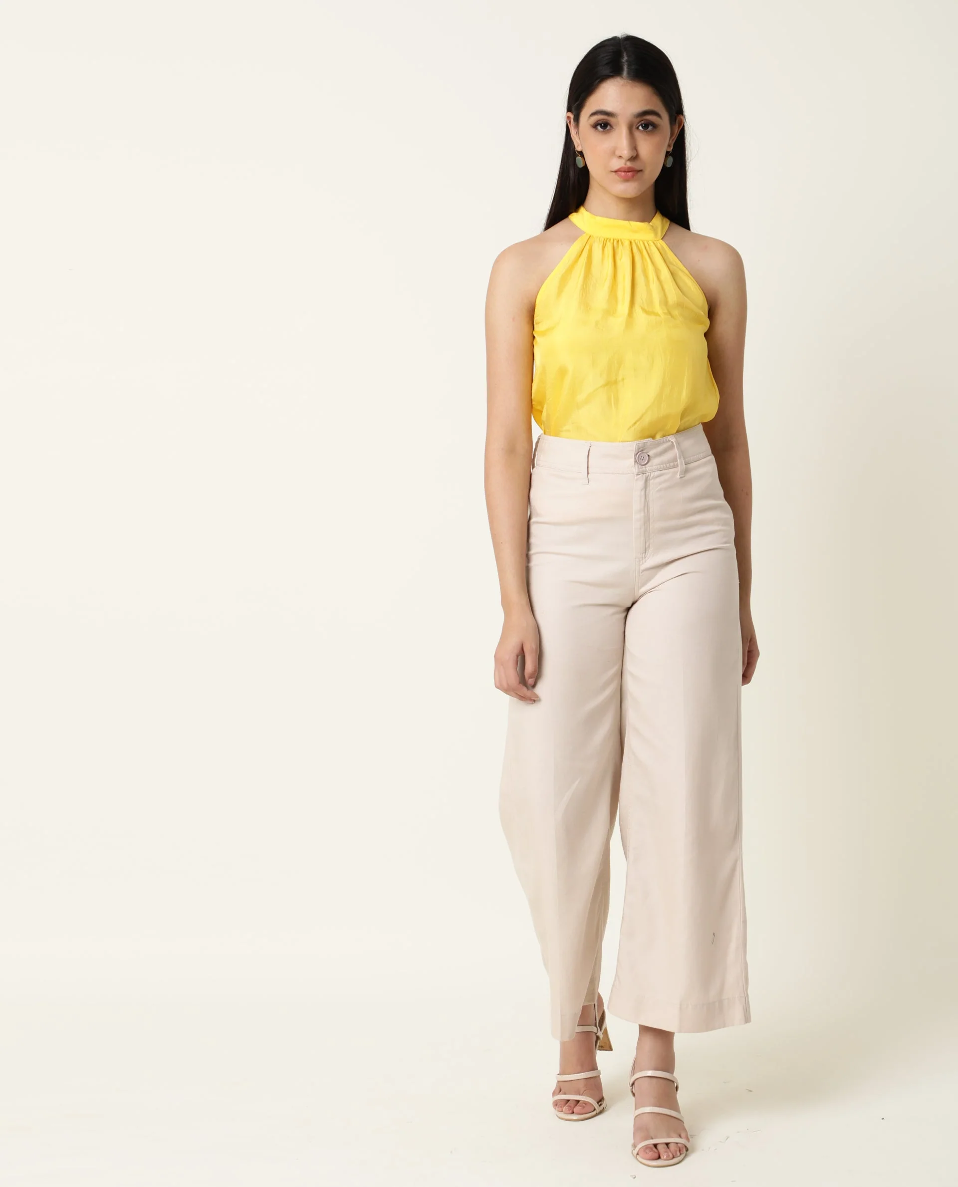 Rareism Women's Sahano Yellow Polyester Blend Halter Neck Plain Sleeveless Slim Fit Top - Image 4