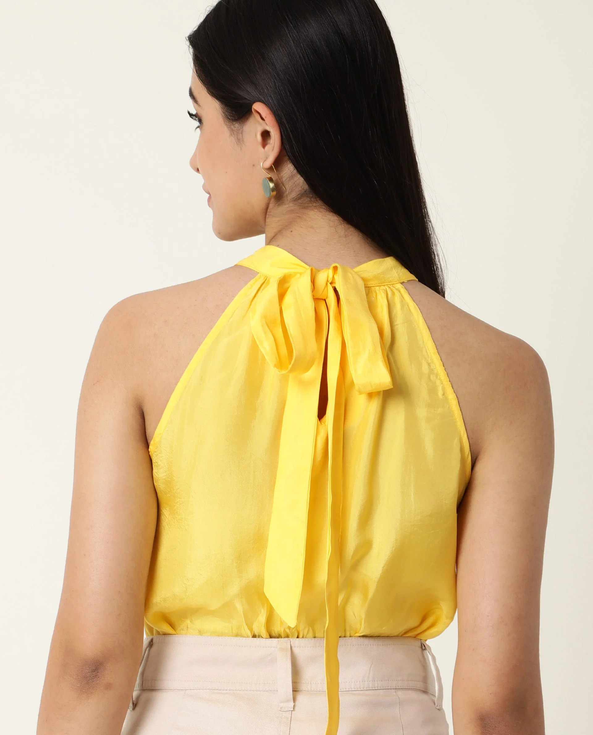 Rareism Women's Sahano Yellow Polyester Blend Halter Neck Plain Sleeveless Slim Fit Top - Image 5