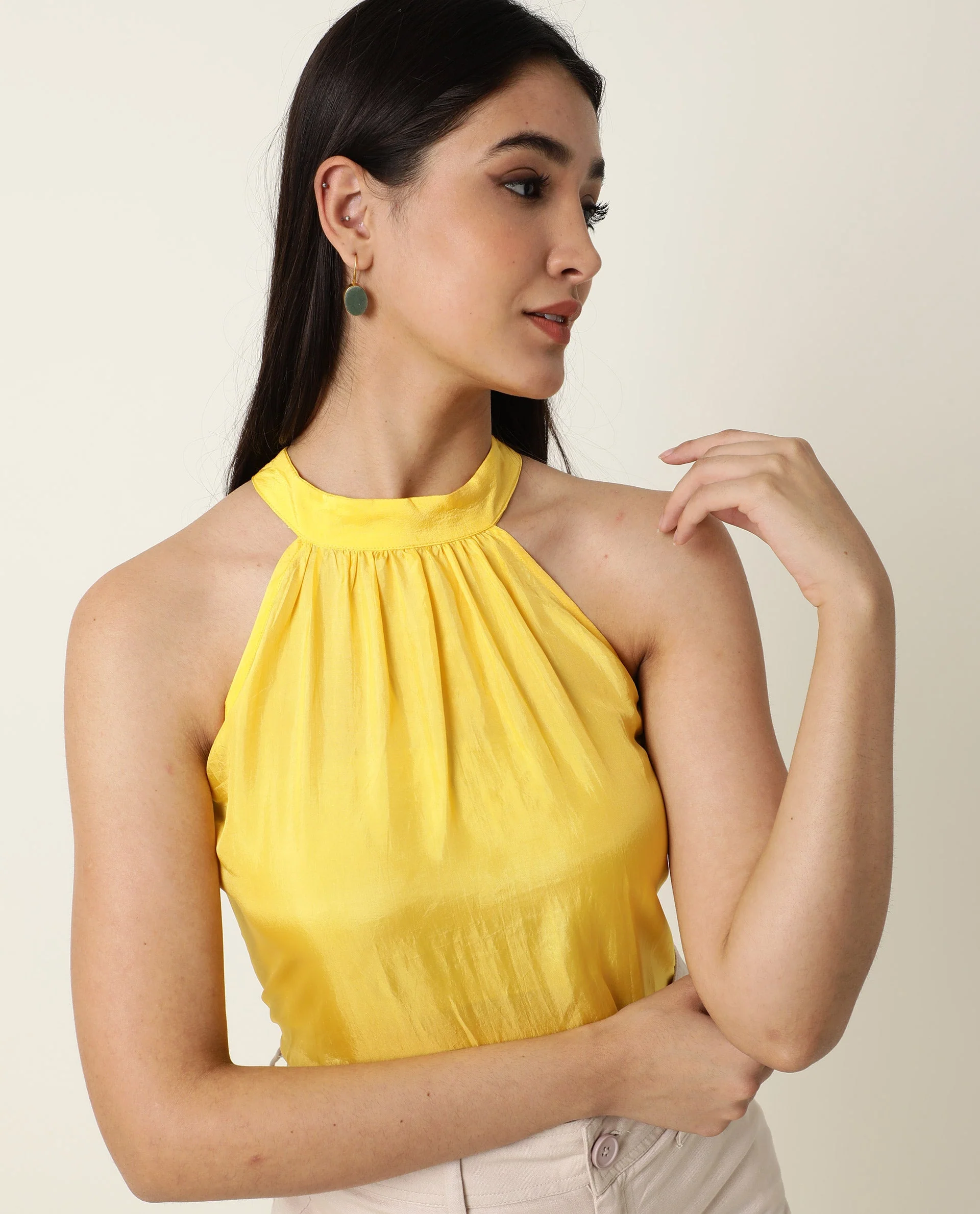Rareism Women's Sahano Yellow Polyester Blend Halter Neck Plain Sleeveless Slim Fit Top - Image 6