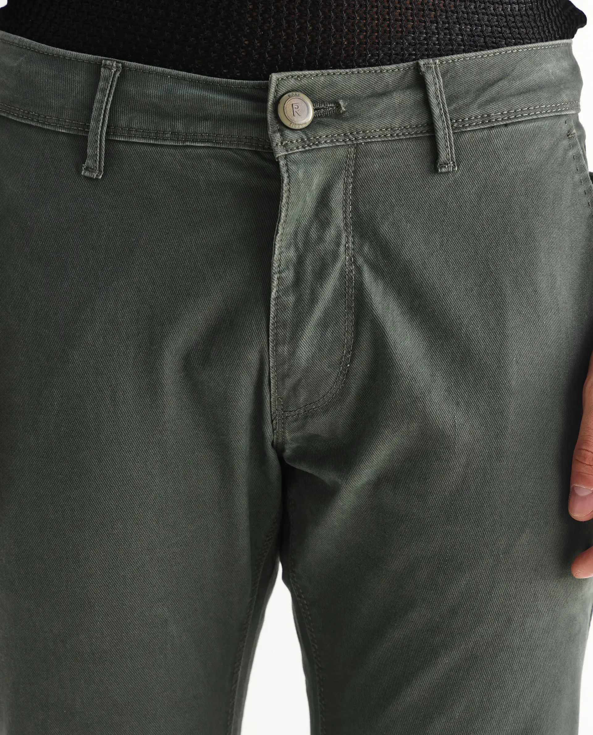 Rare Rabbit Men's Saho Olive Cotton Plain Hawk Slim Fit Jeans - Image 4