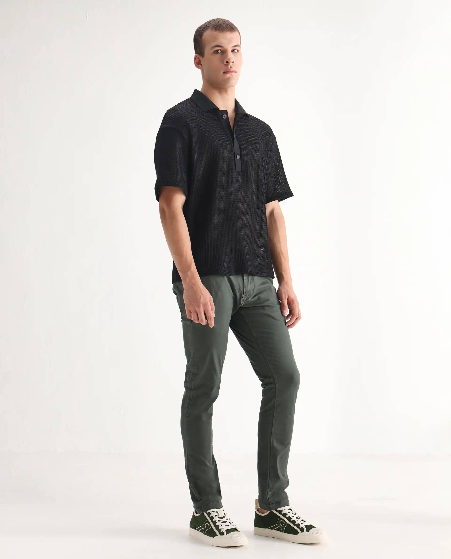 Rare Rabbit Men's Saho Olive Cotton Plain Hawk Slim Fit Jeans - Image 5