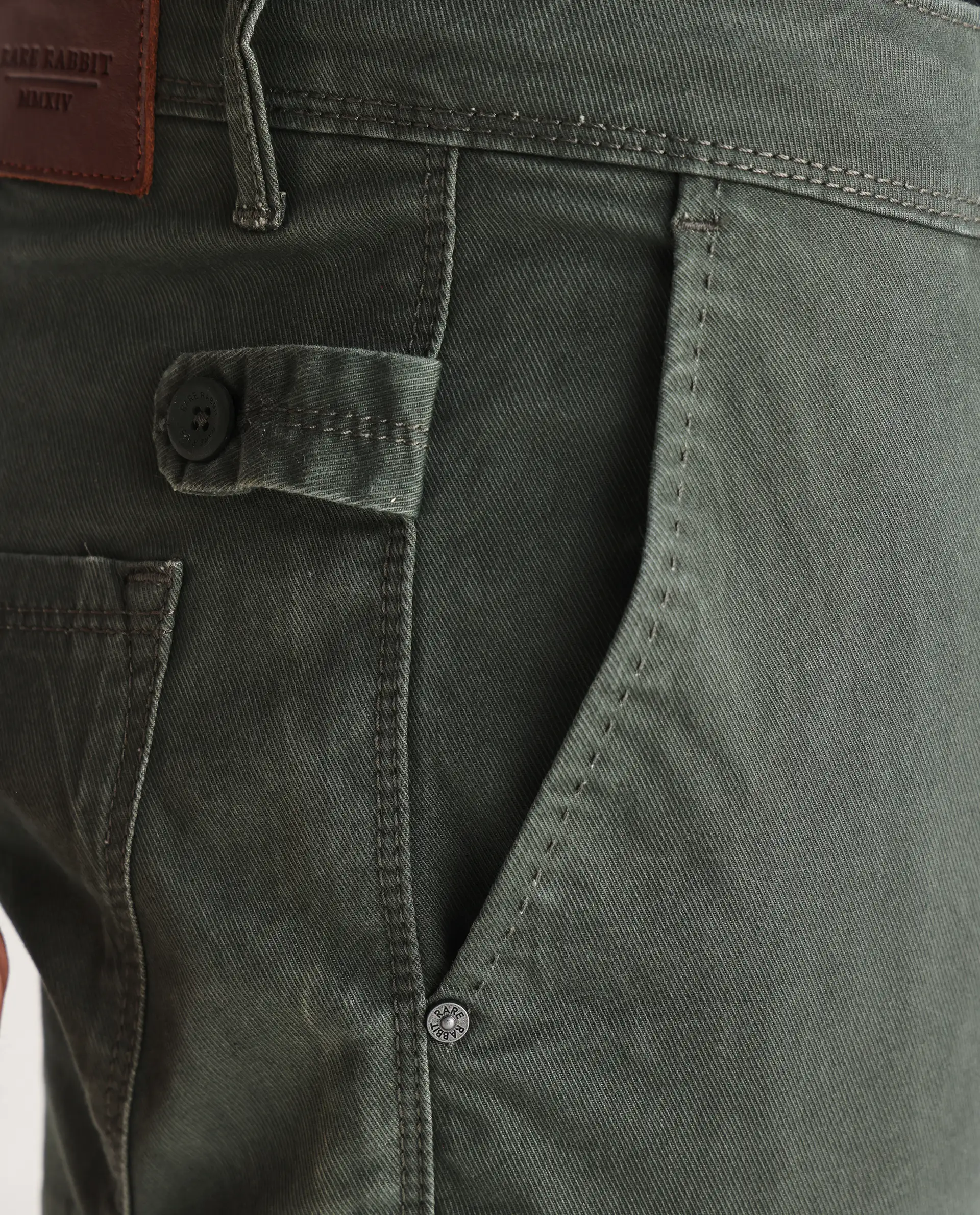 Rare Rabbit Men's Saho Olive Cotton Plain Hawk Slim Fit Jeans - Image 6