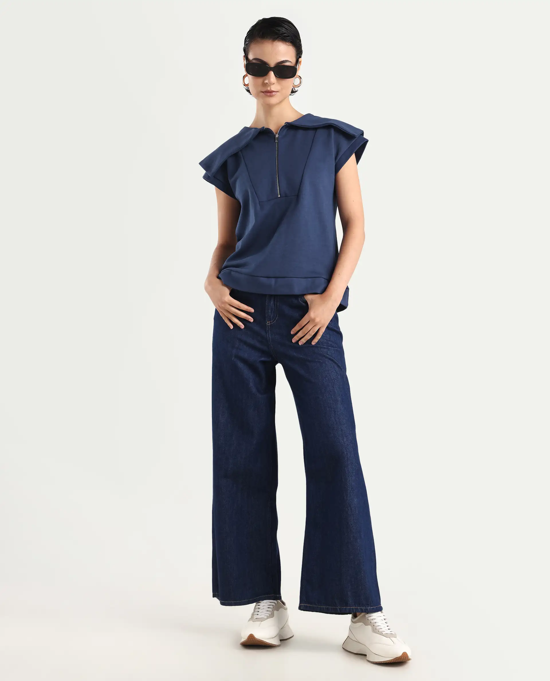 Rareism Women's Sail Navy Cotton Spread Collar Plain Extended Sleeves Relaxed Fit Sweatshirt - Image 2