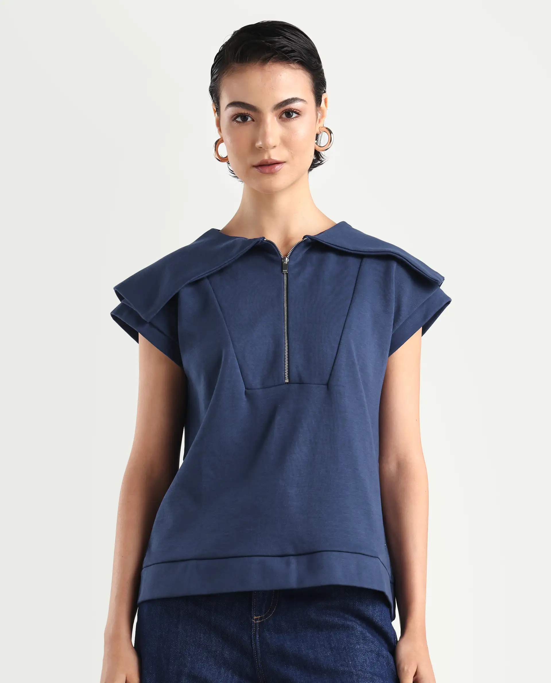 Rareism Women's Sail Navy Cotton Spread Collar Plain Extended Sleeves Relaxed Fit Sweatshirt - Image 3