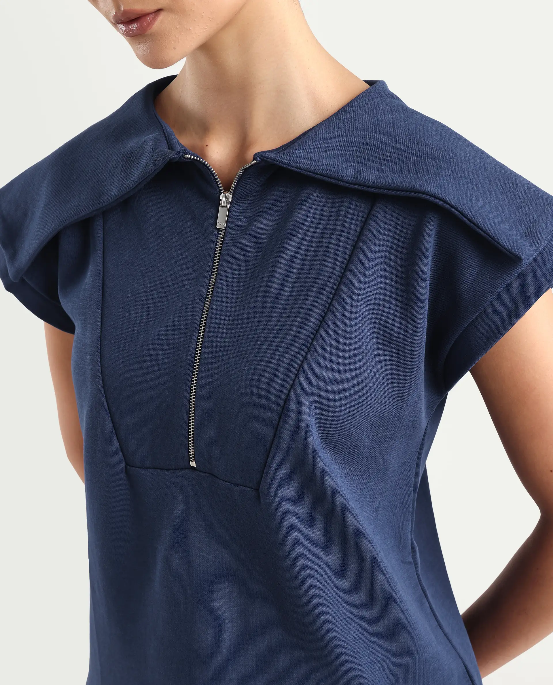Rareism Women's Sail Navy Cotton Spread Collar Plain Extended Sleeves Relaxed Fit Sweatshirt - Image 4