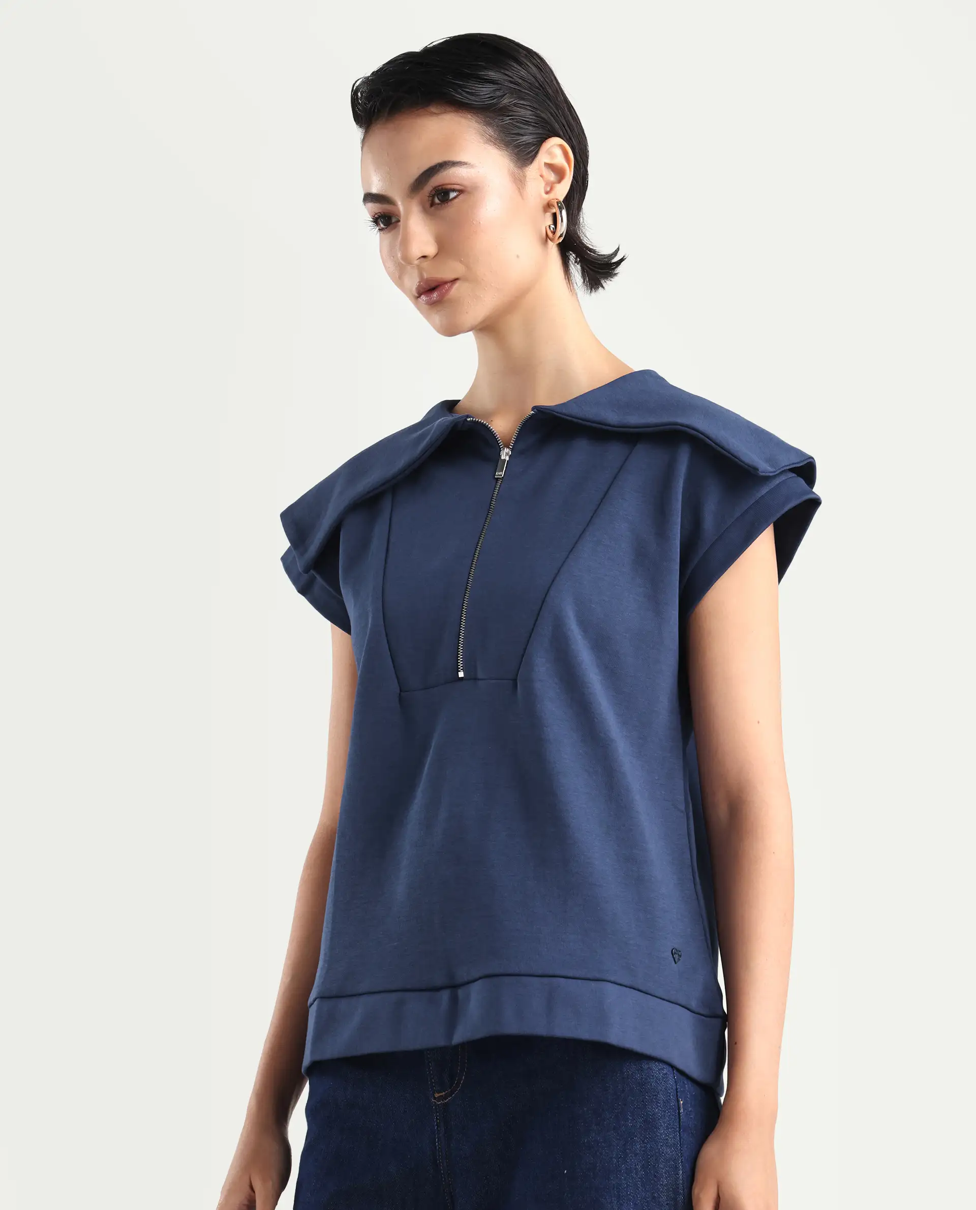 Rareism Women's Sail Navy Cotton Spread Collar Plain Extended Sleeves Relaxed Fit Sweatshirt - Image 5