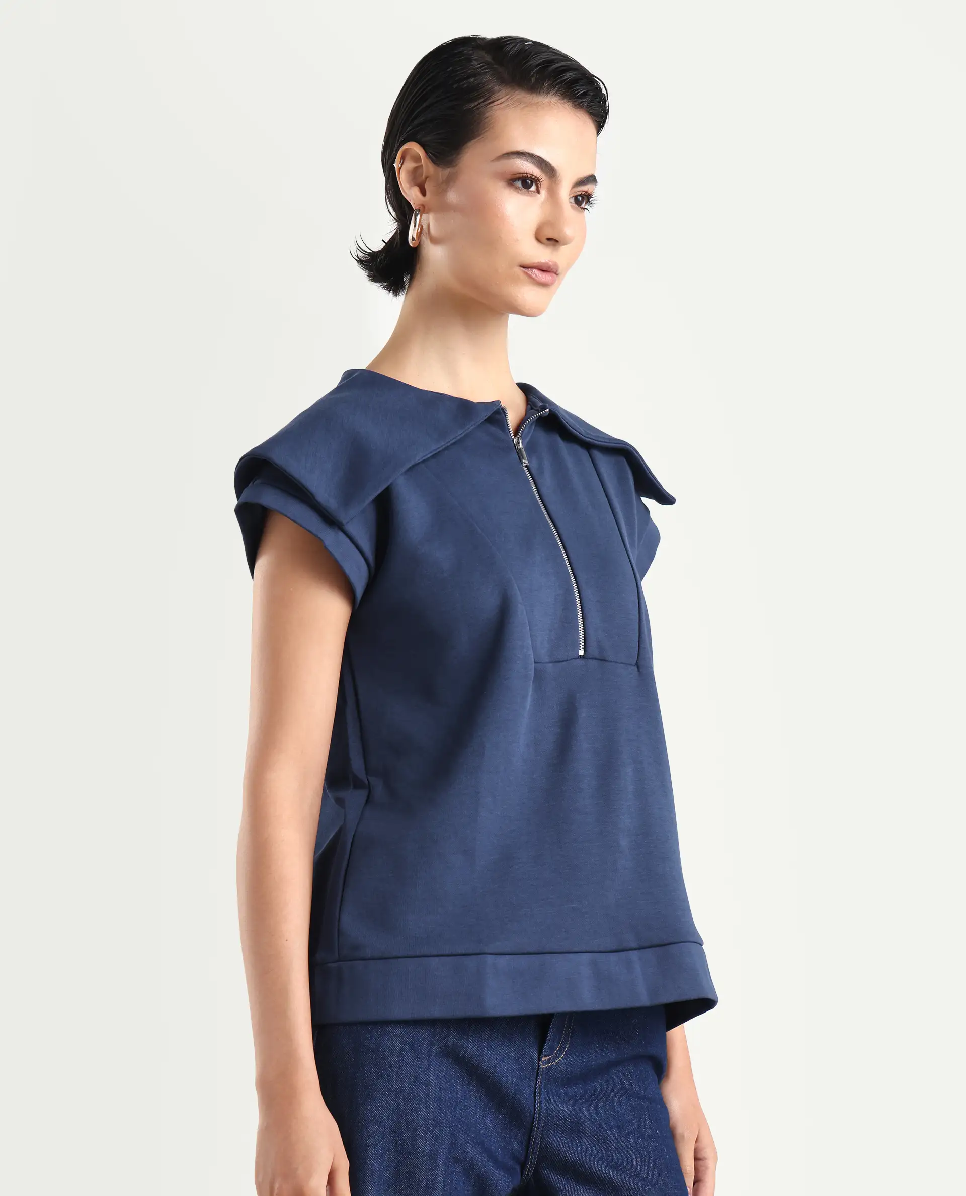 Rareism Women's Sail Navy Cotton Spread Collar Plain Extended Sleeves Relaxed Fit Sweatshirt - Image 6