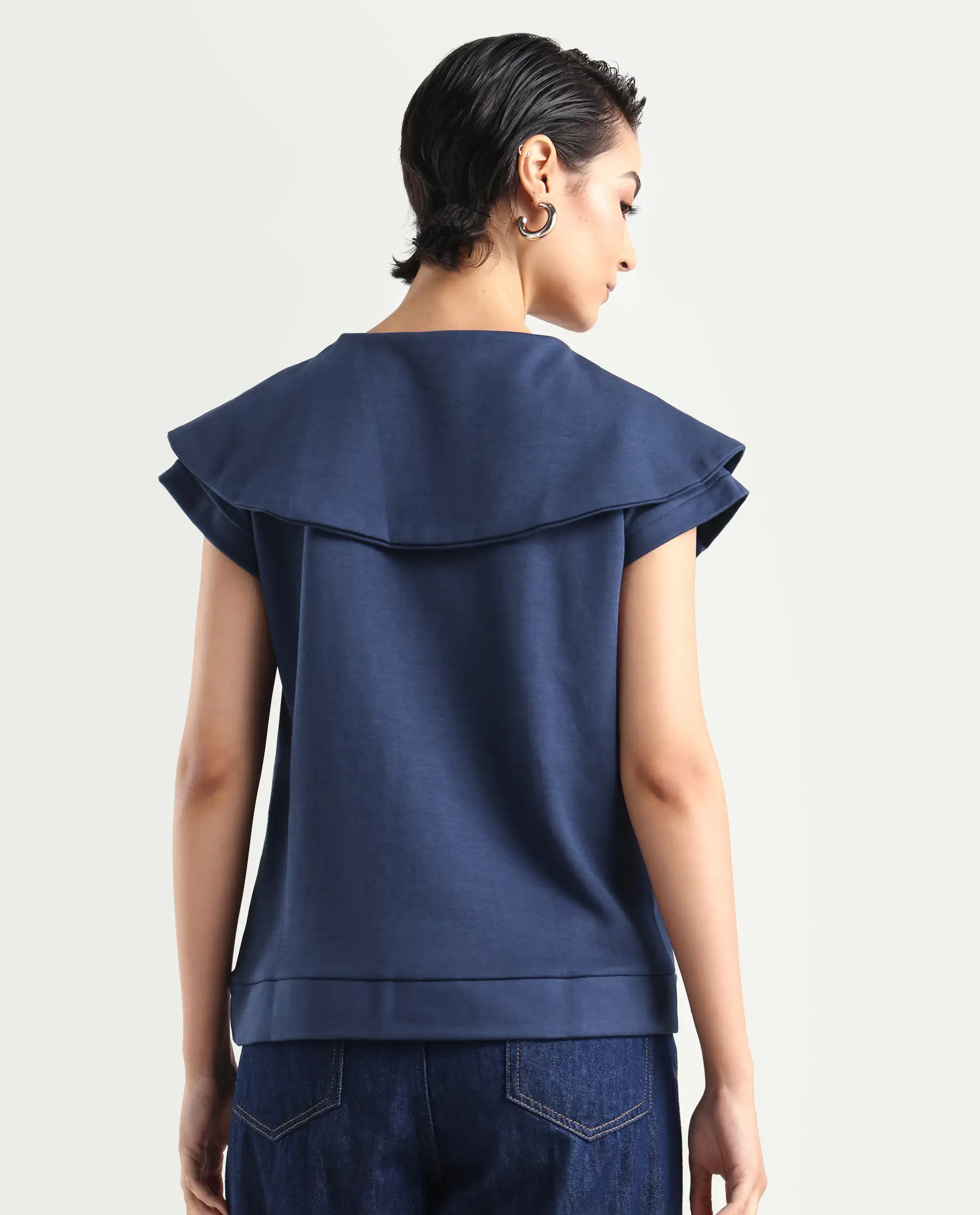 Rareism Women's Sail Navy Cotton Spread Collar Plain Extended Sleeves Relaxed Fit Sweatshirt - Image 7