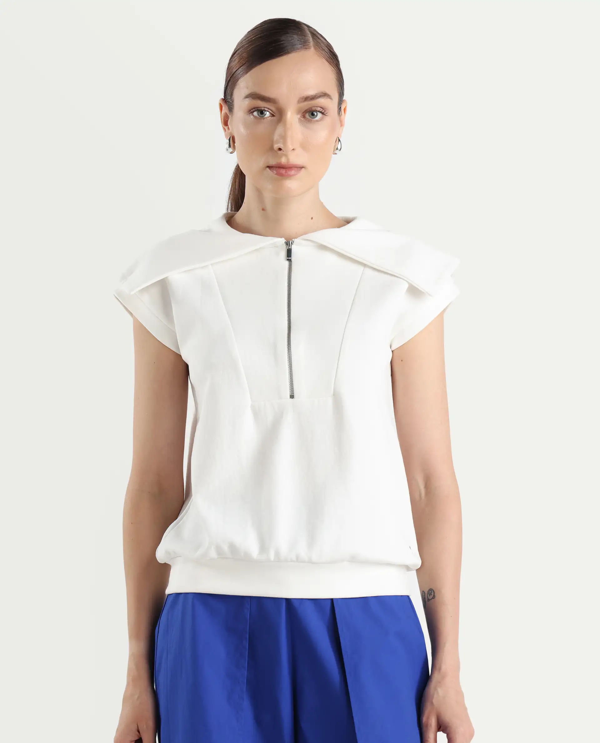Rareism Women's Sail Off White Cotton Blend Spread Collar Plain Extended Sleeves Relaxed Fit Sweatshirt - Image 3