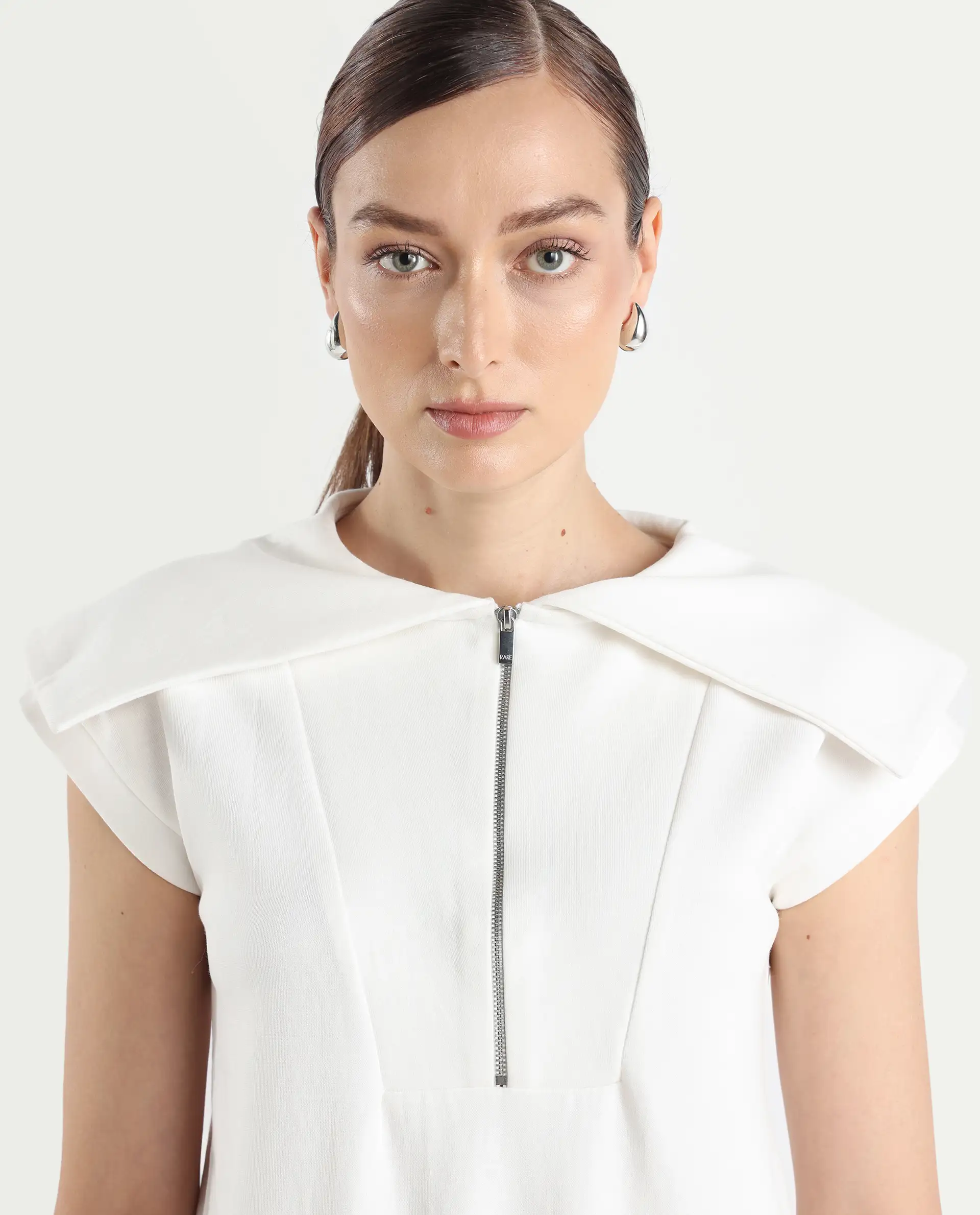 Rareism Women's Sail Off White Cotton Blend Spread Collar Plain Extended Sleeves Relaxed Fit Sweatshirt - Image 4