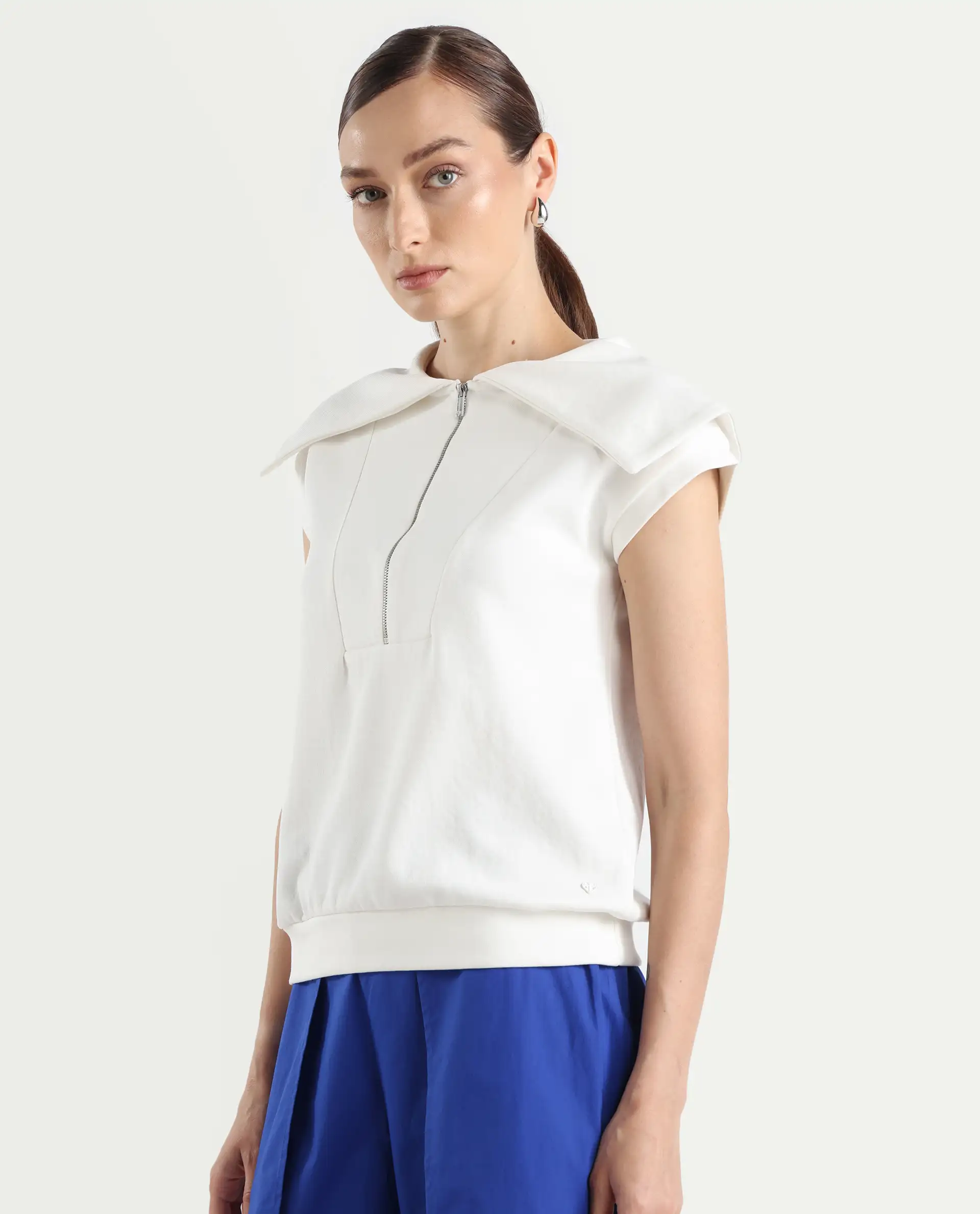 Rareism Women's Sail Off White Cotton Blend Spread Collar Plain Extended Sleeves Relaxed Fit Sweatshirt - Image 5