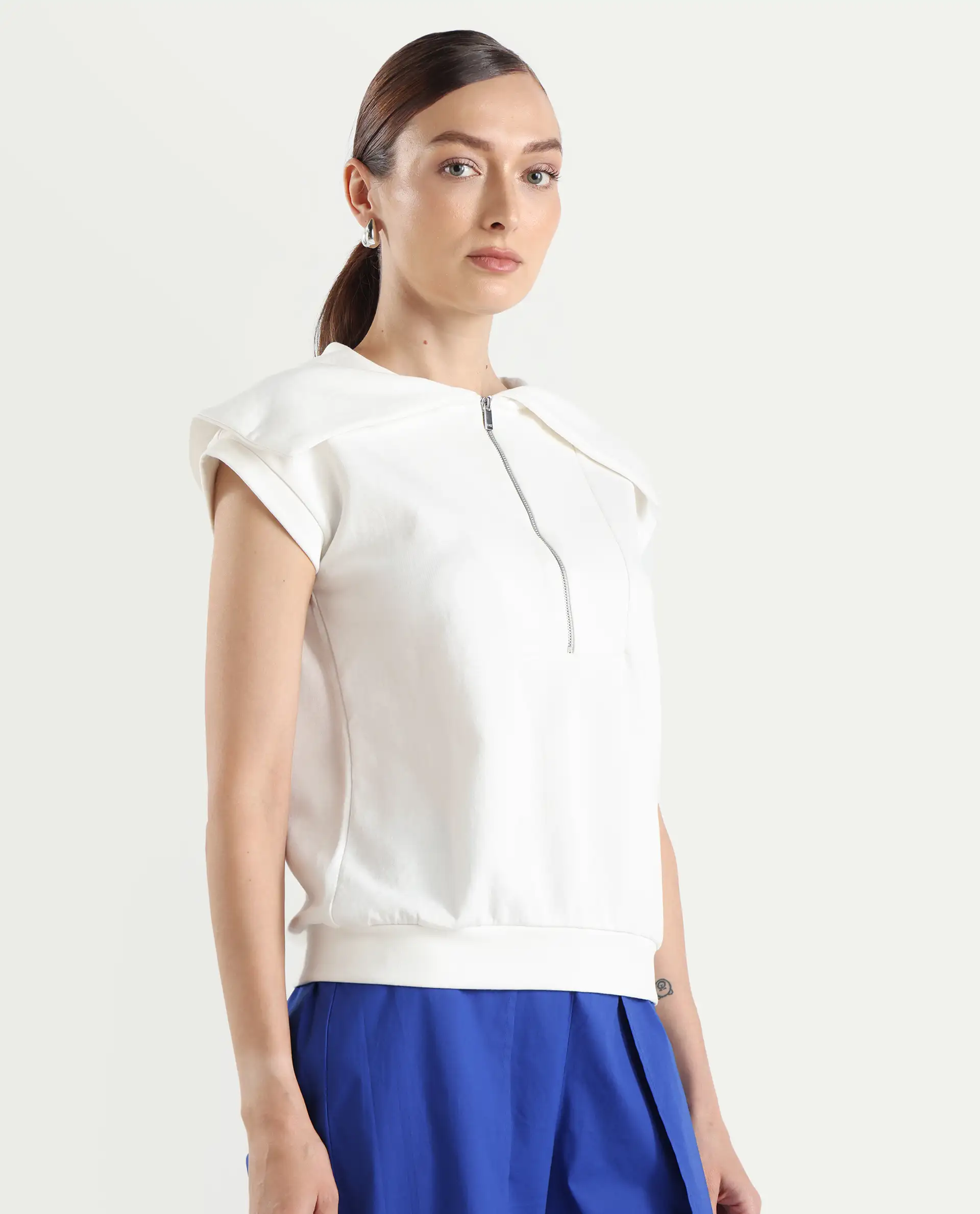 Rareism Women's Sail Off White Cotton Blend Spread Collar Plain Extended Sleeves Relaxed Fit Sweatshirt - Image 6