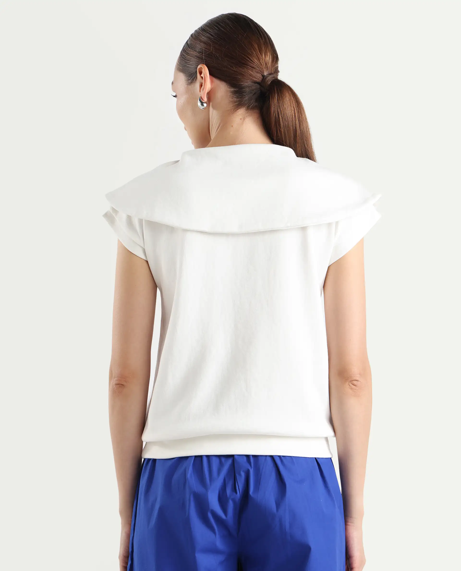 Rareism Women's Sail Off White Cotton Blend Spread Collar Plain Extended Sleeves Relaxed Fit Sweatshirt - Image 7