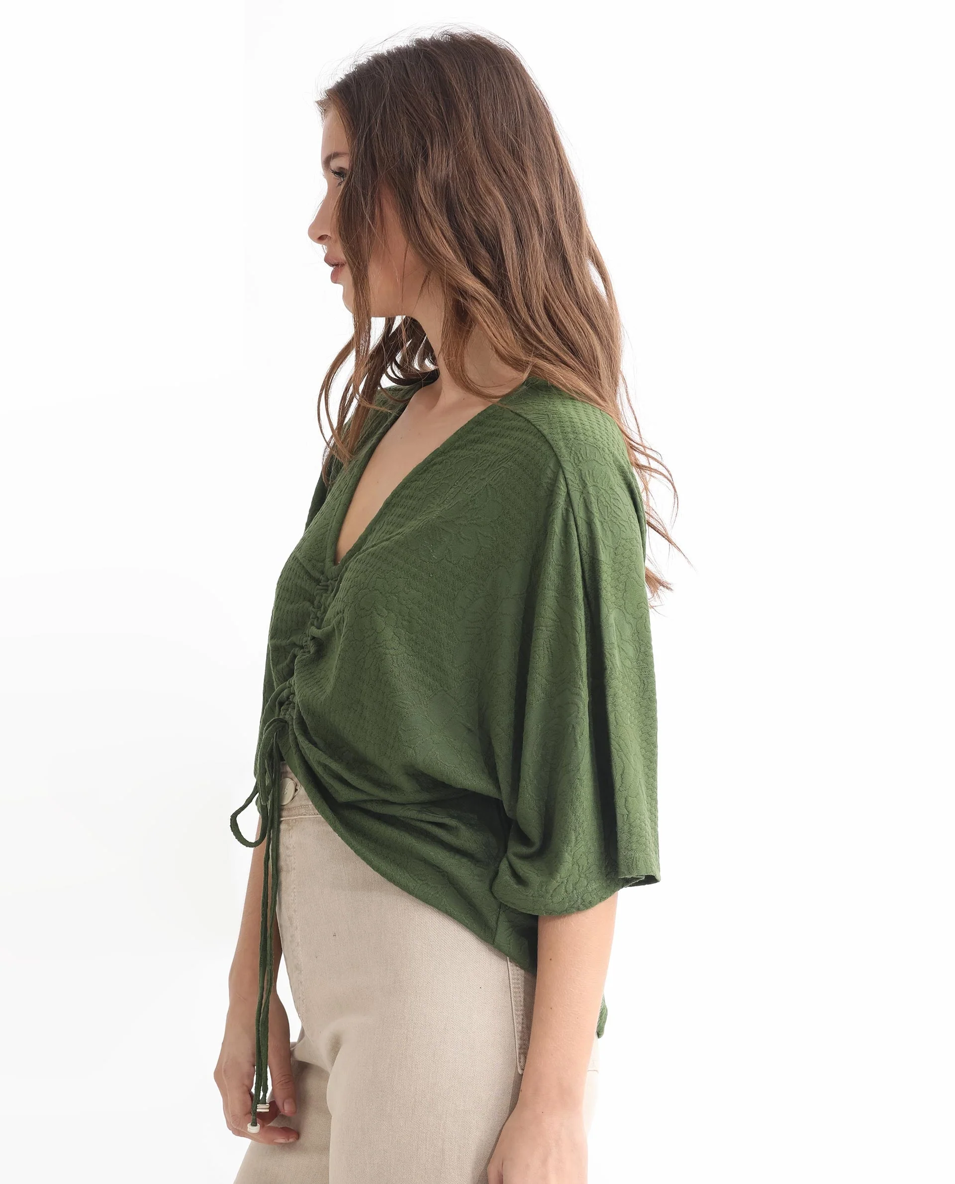 Rareism Women's Saim Green Polyester V-Neck Floral Print Extended Sleeves Relaxed Fit Top - Image 10