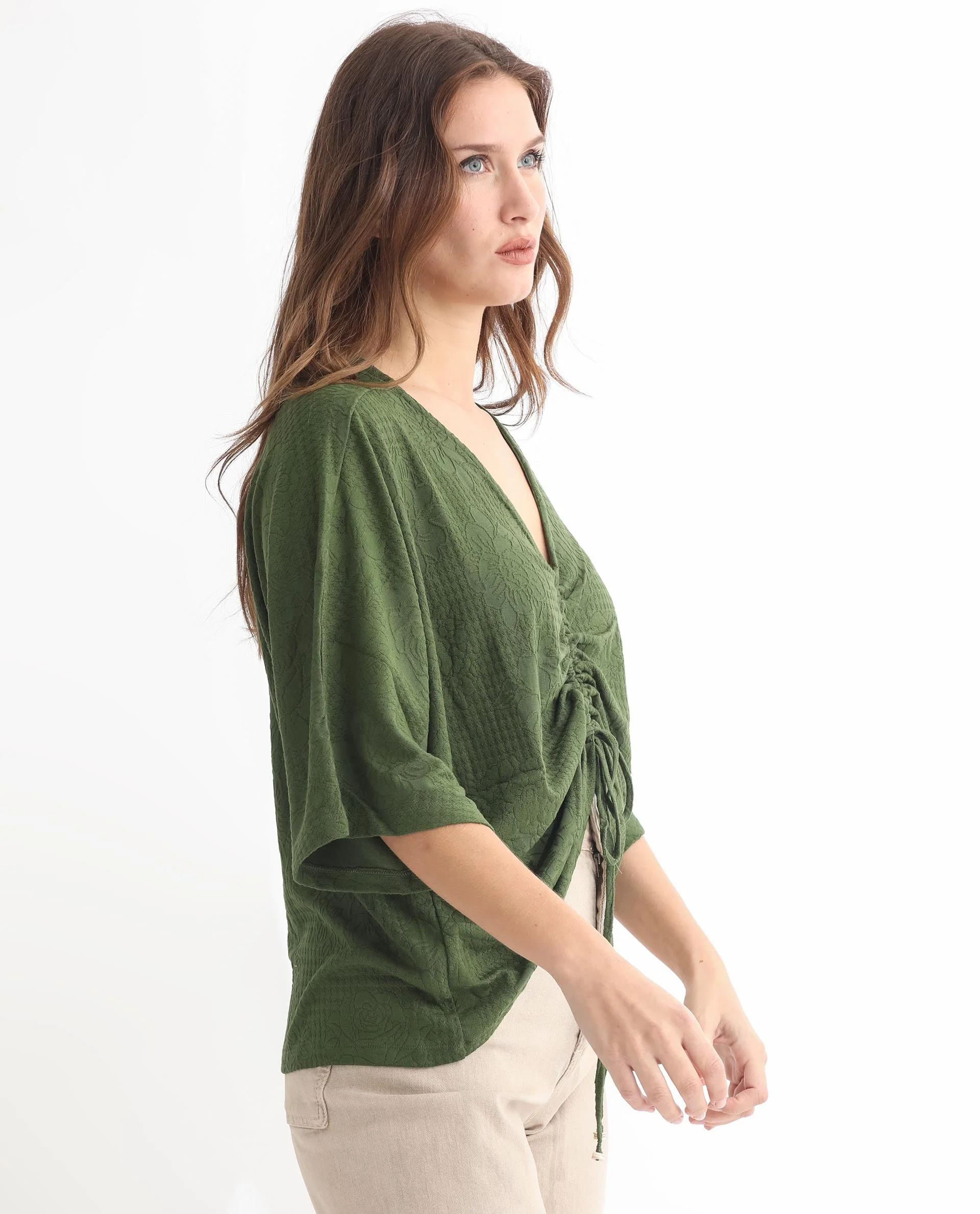 Rareism Women's Saim Green Polyester V-Neck Floral Print Extended Sleeves Relaxed Fit Top - Image 11