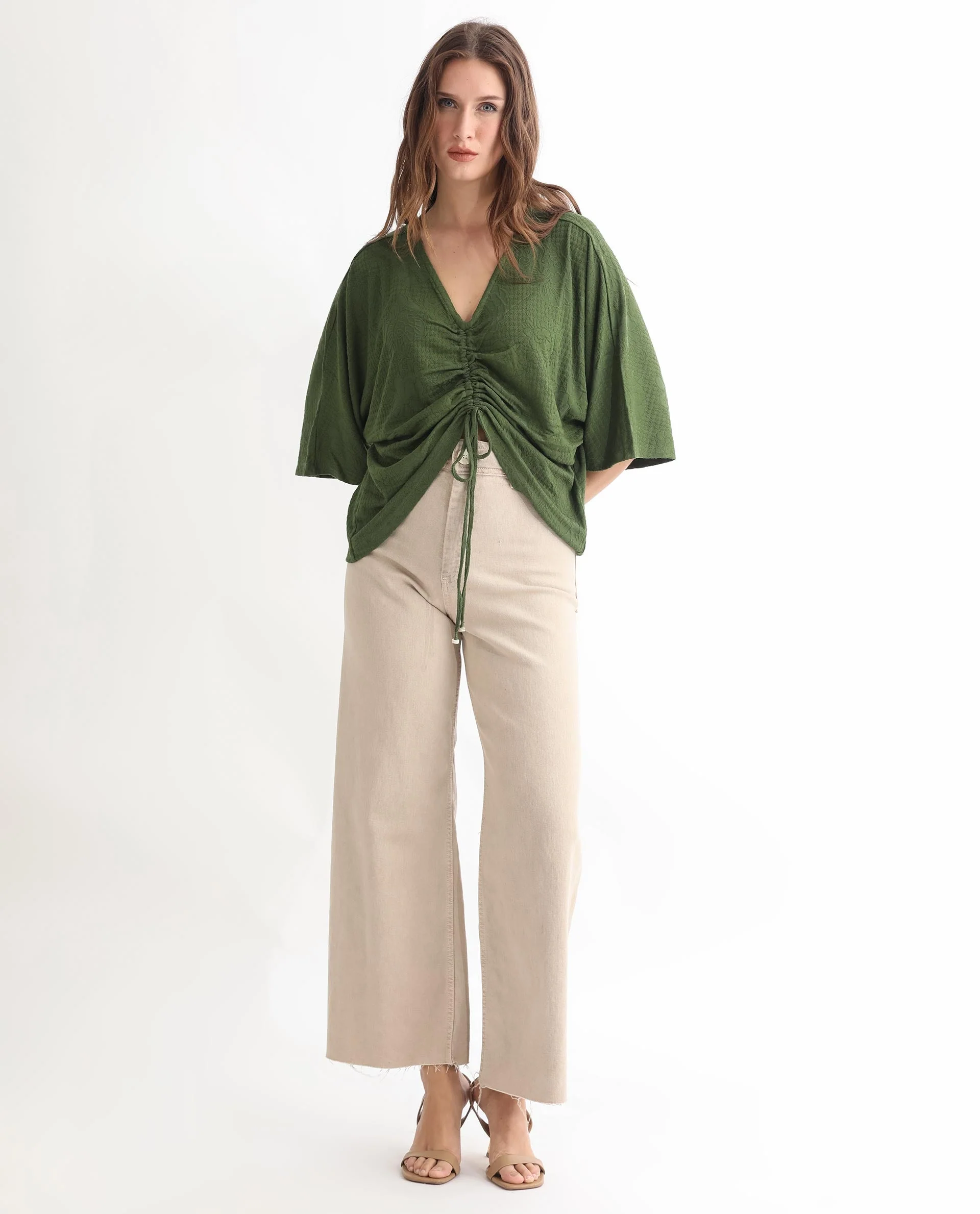 Rareism Women's Saim Green Polyester V-Neck Floral Print Extended Sleeves Relaxed Fit Top - Image 3
