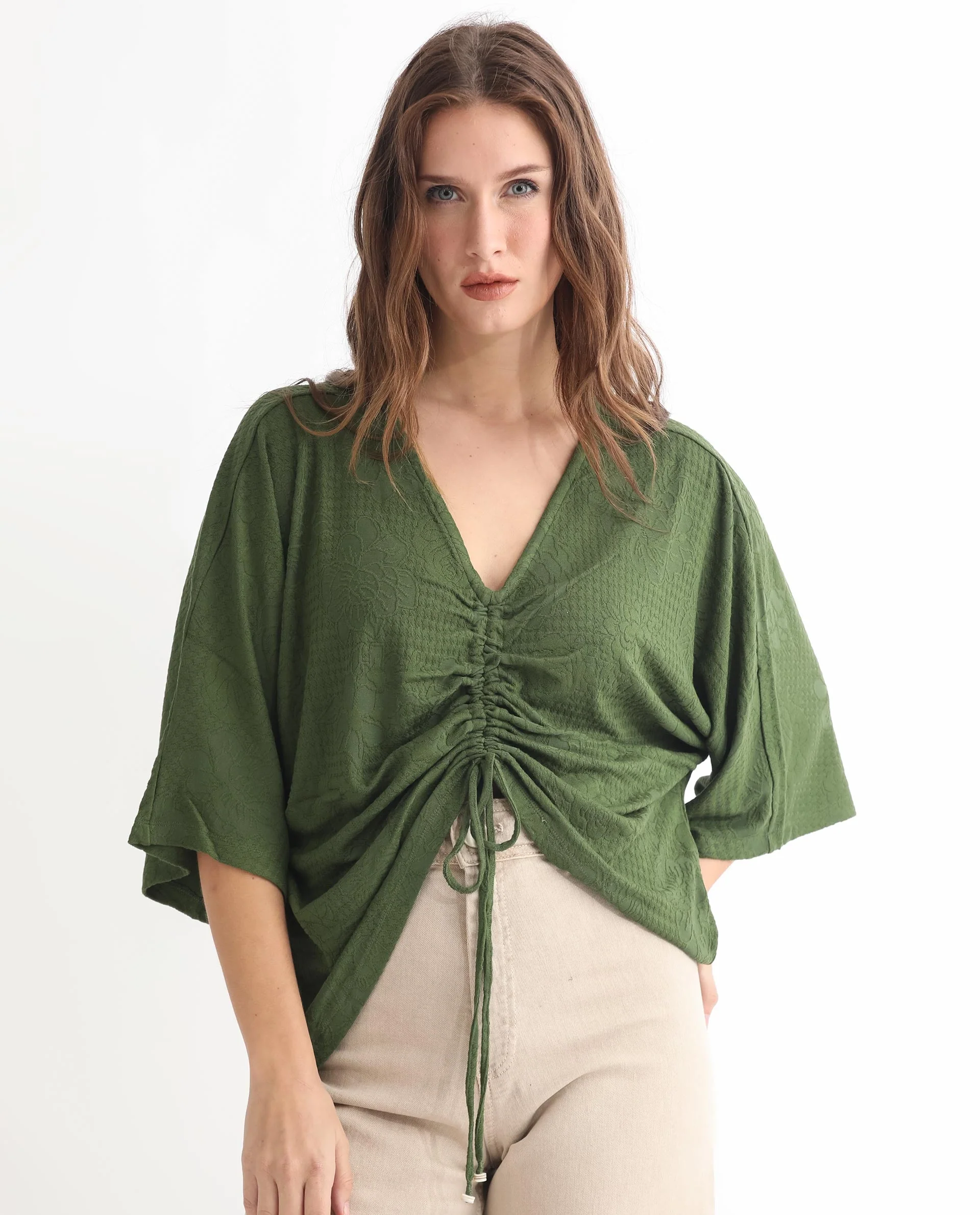Rareism Women's Saim Green Polyester V-Neck Floral Print Extended Sleeves Relaxed Fit Top - Image 4