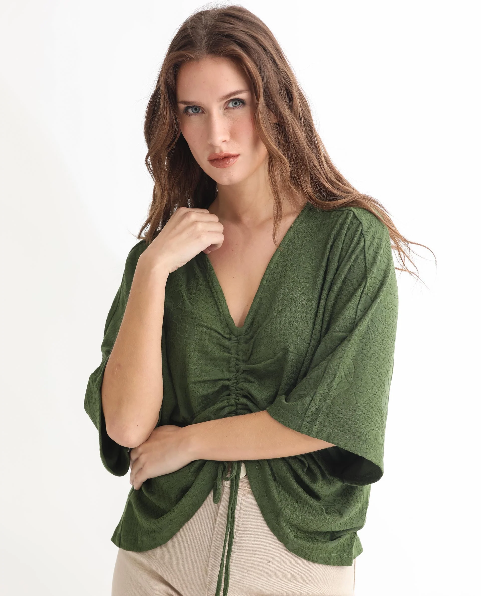 Rareism Women's Saim Green Polyester V-Neck Floral Print Extended Sleeves Relaxed Fit Top - Image 5