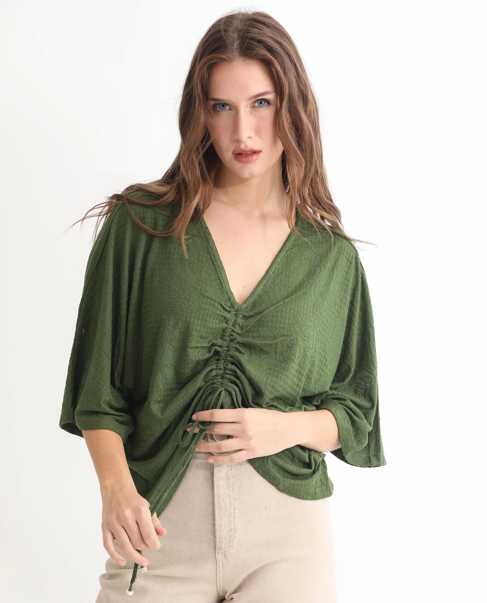 Rareism Women's Saim Green Polyester V-Neck Floral Print Extended Sleeves Relaxed Fit Top - Image 6