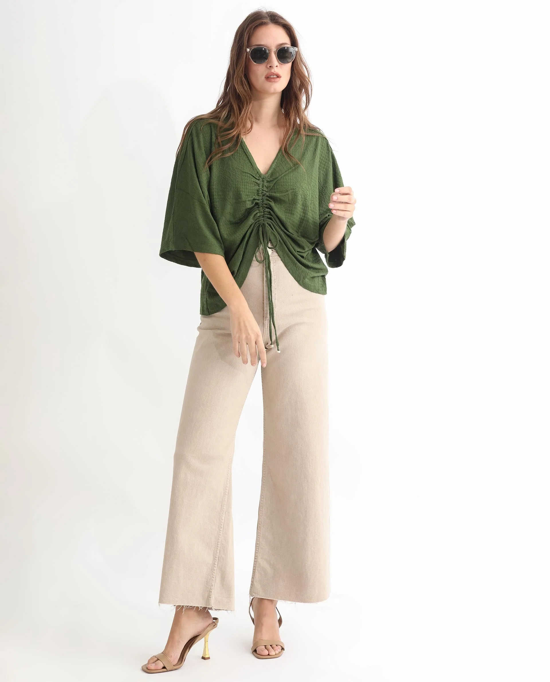 Rareism Women's Saim Green Polyester V-Neck Floral Print Extended Sleeves Relaxed Fit Top - Image 7