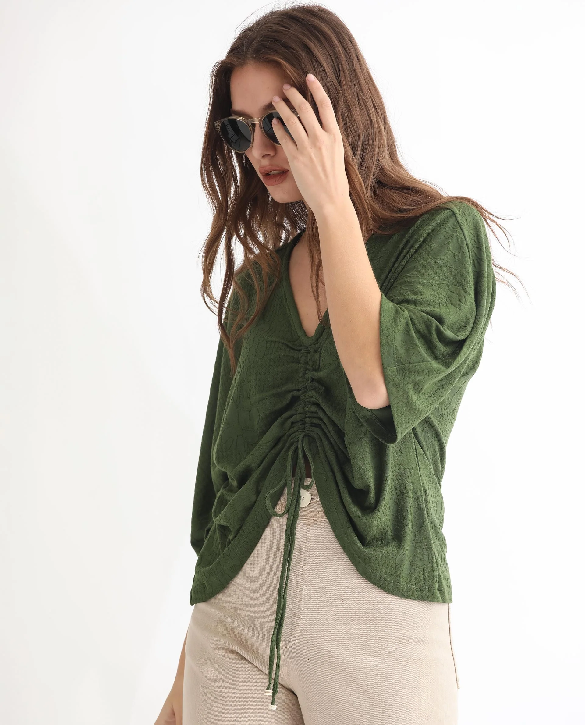 Rareism Women's Saim Green Polyester V-Neck Floral Print Extended Sleeves Relaxed Fit Top - Image 8