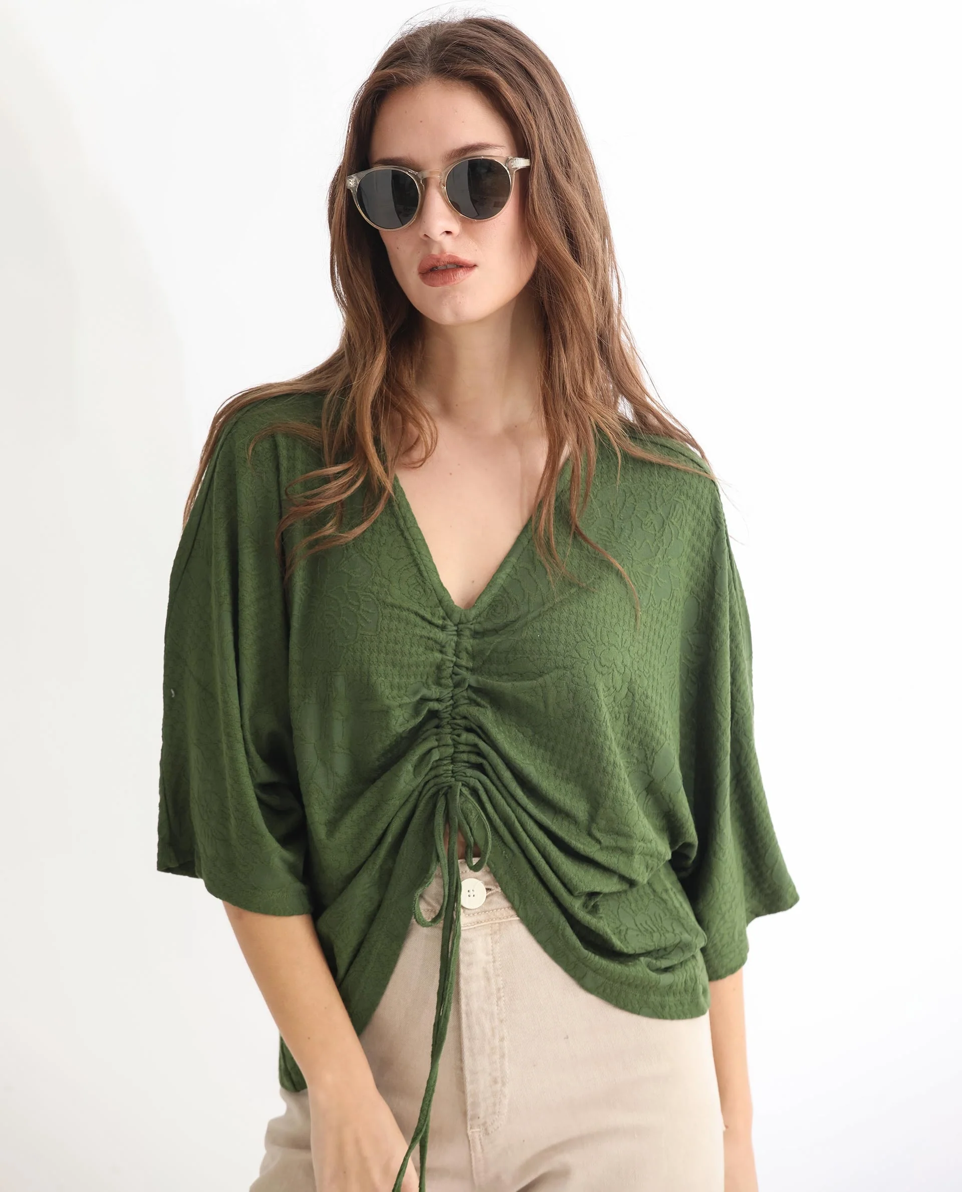 Rareism Women's Saim Green Polyester V-Neck Floral Print Extended Sleeves Relaxed Fit Top - Image 9