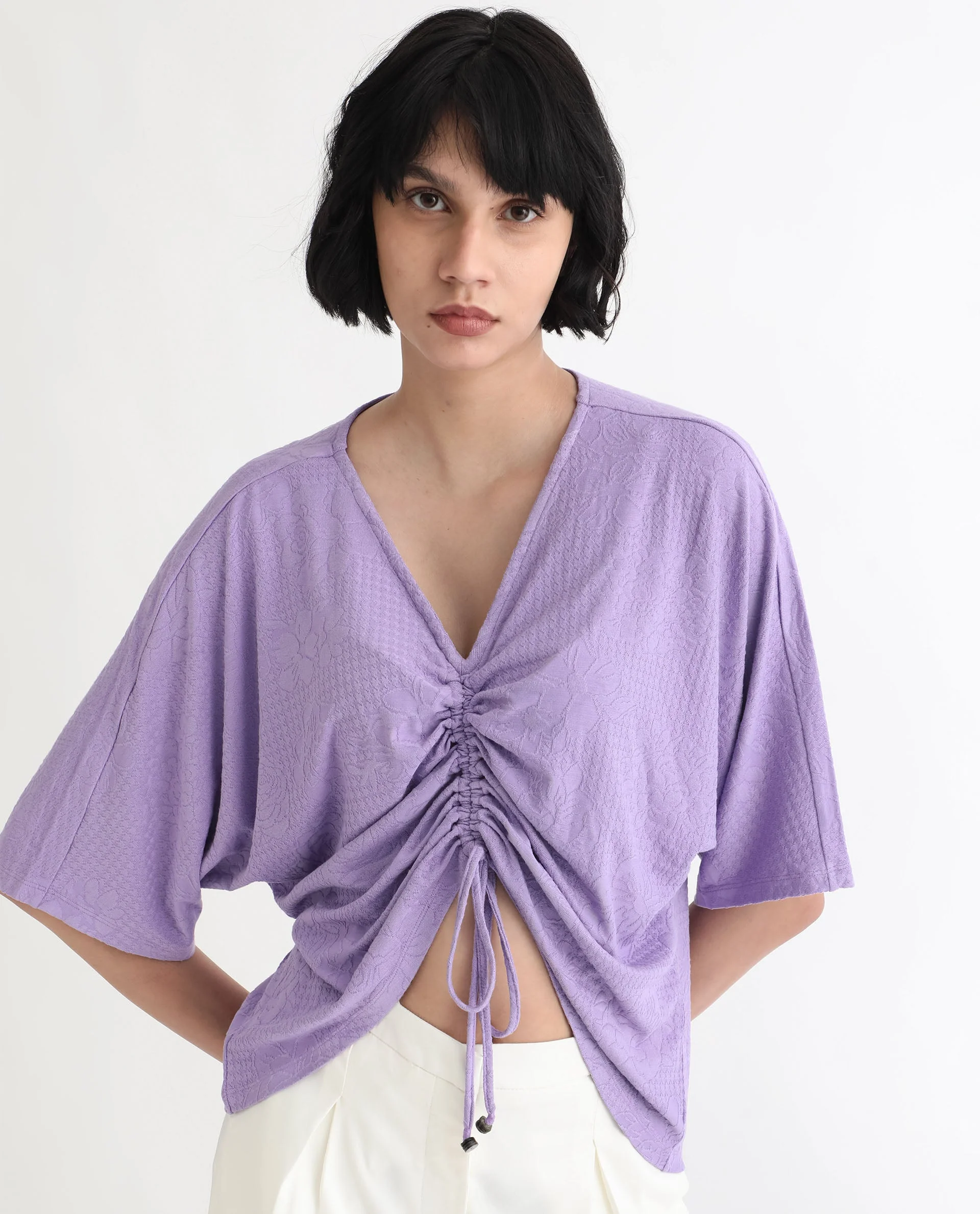 Rareism Women's Saim Purple Polyester V-Neck Floral Print Extended Sleeves Relaxed Fit Top