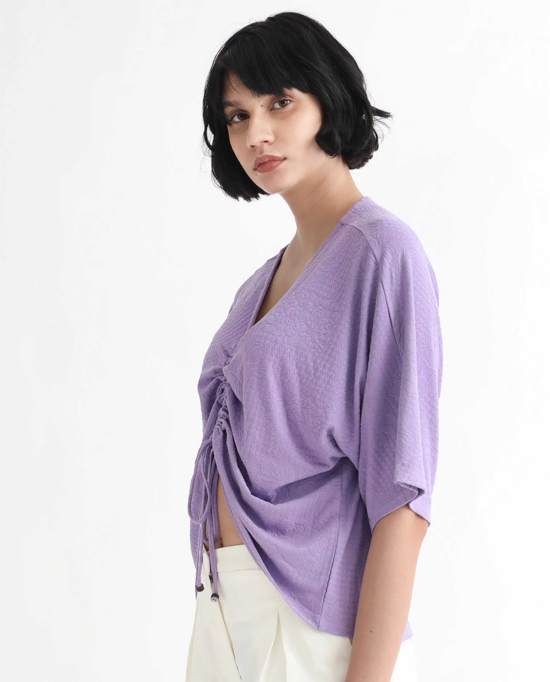 Rareism Women's Saim Purple Polyester V-Neck Floral Print Extended Sleeves Relaxed Fit Top - Image 10
