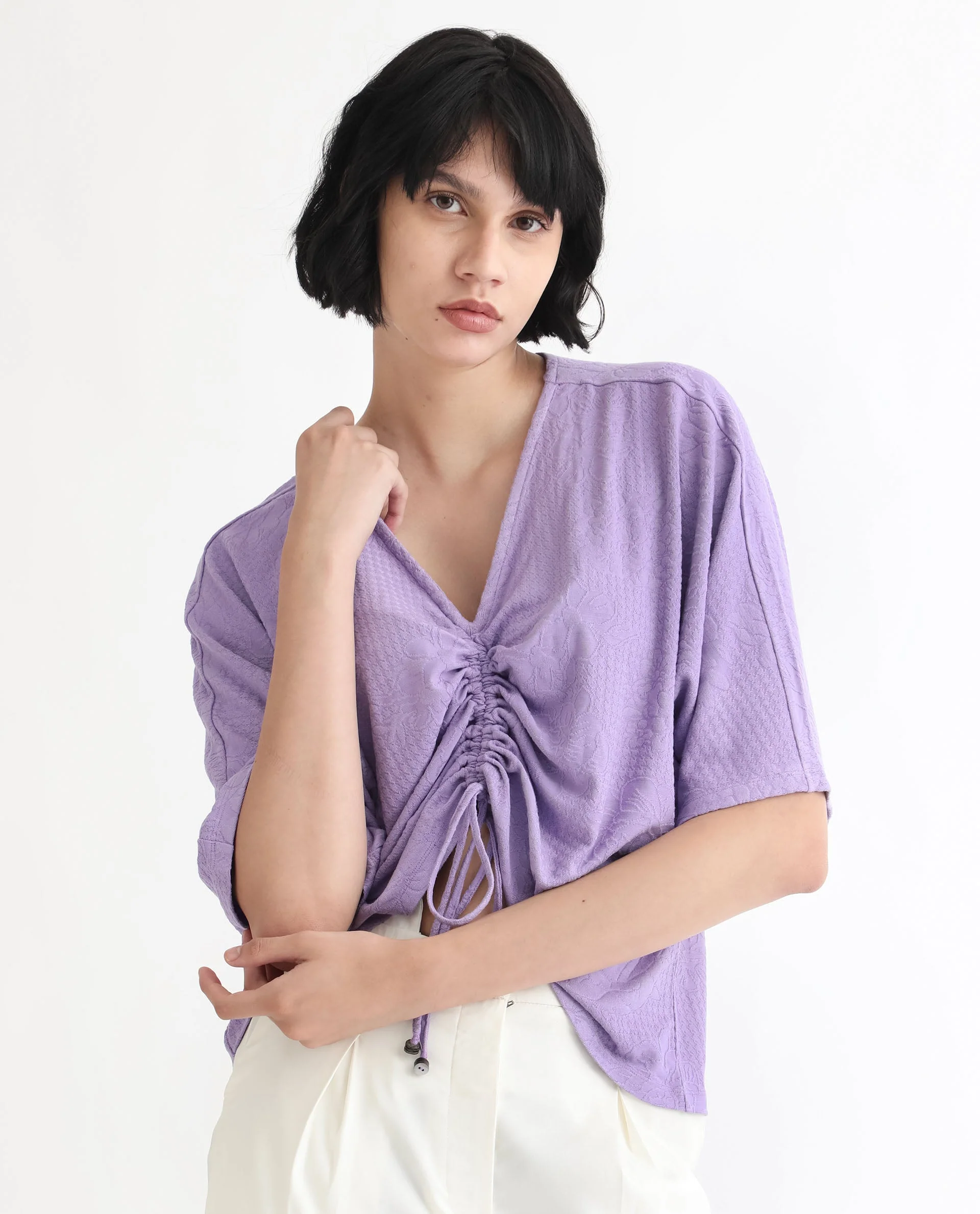 Rareism Women's Saim Purple Polyester V-Neck Floral Print Extended Sleeves Relaxed Fit Top - Image 13