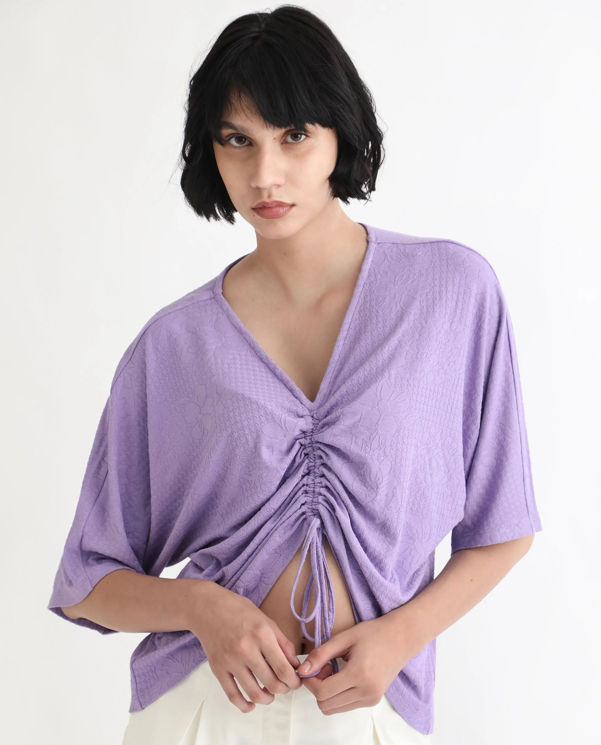 Rareism Women's Saim Purple Polyester V-Neck Floral Print Extended Sleeves Relaxed Fit Top - Image 2