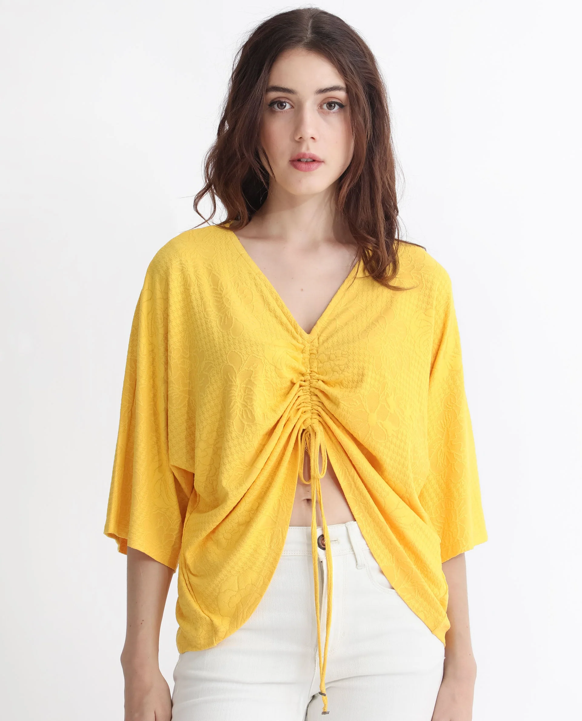 Rareism Women's Saim Yellow Polyester V-Neck Floral Print Extended Sleeves Relaxed Fit Top