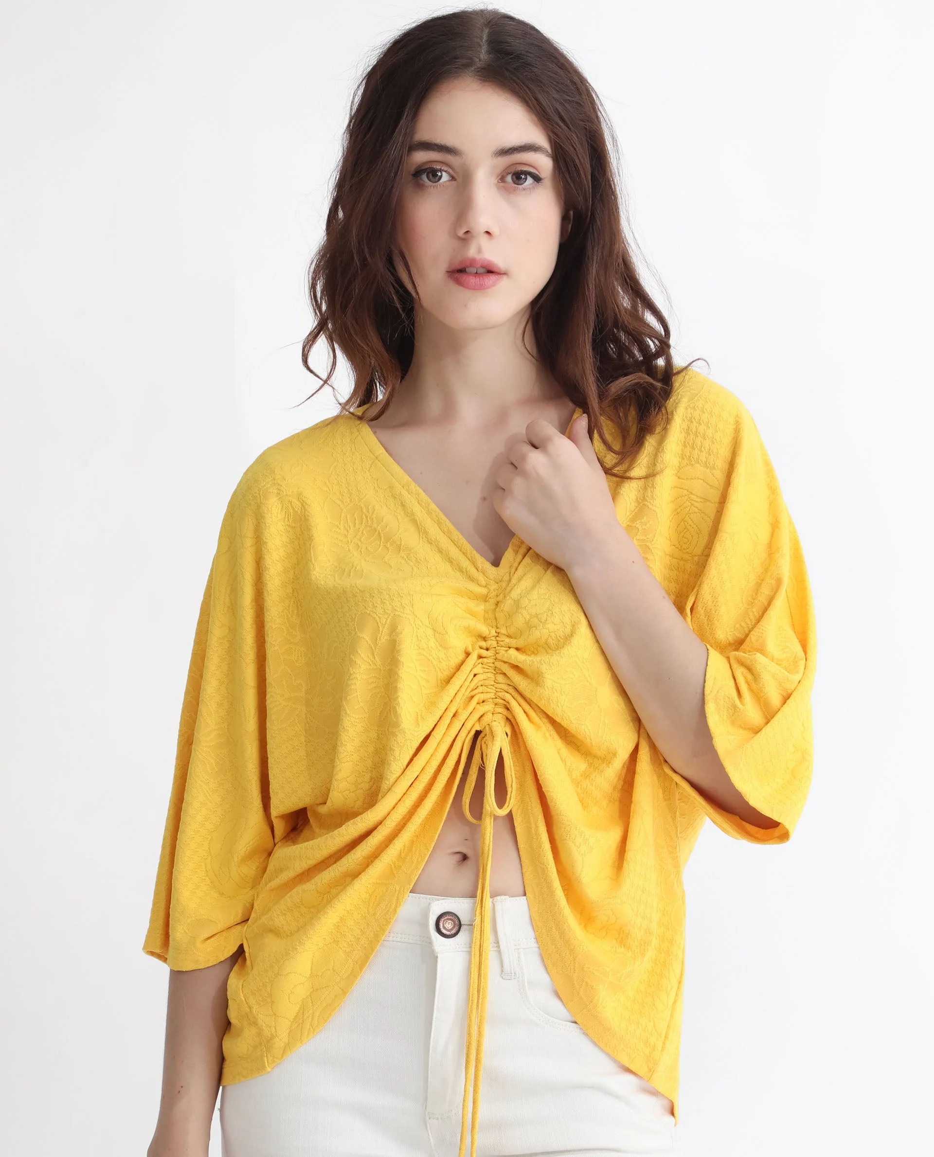 Rareism Women's Saim Yellow Polyester V-Neck Floral Print Extended Sleeves Relaxed Fit Top - Image 2
