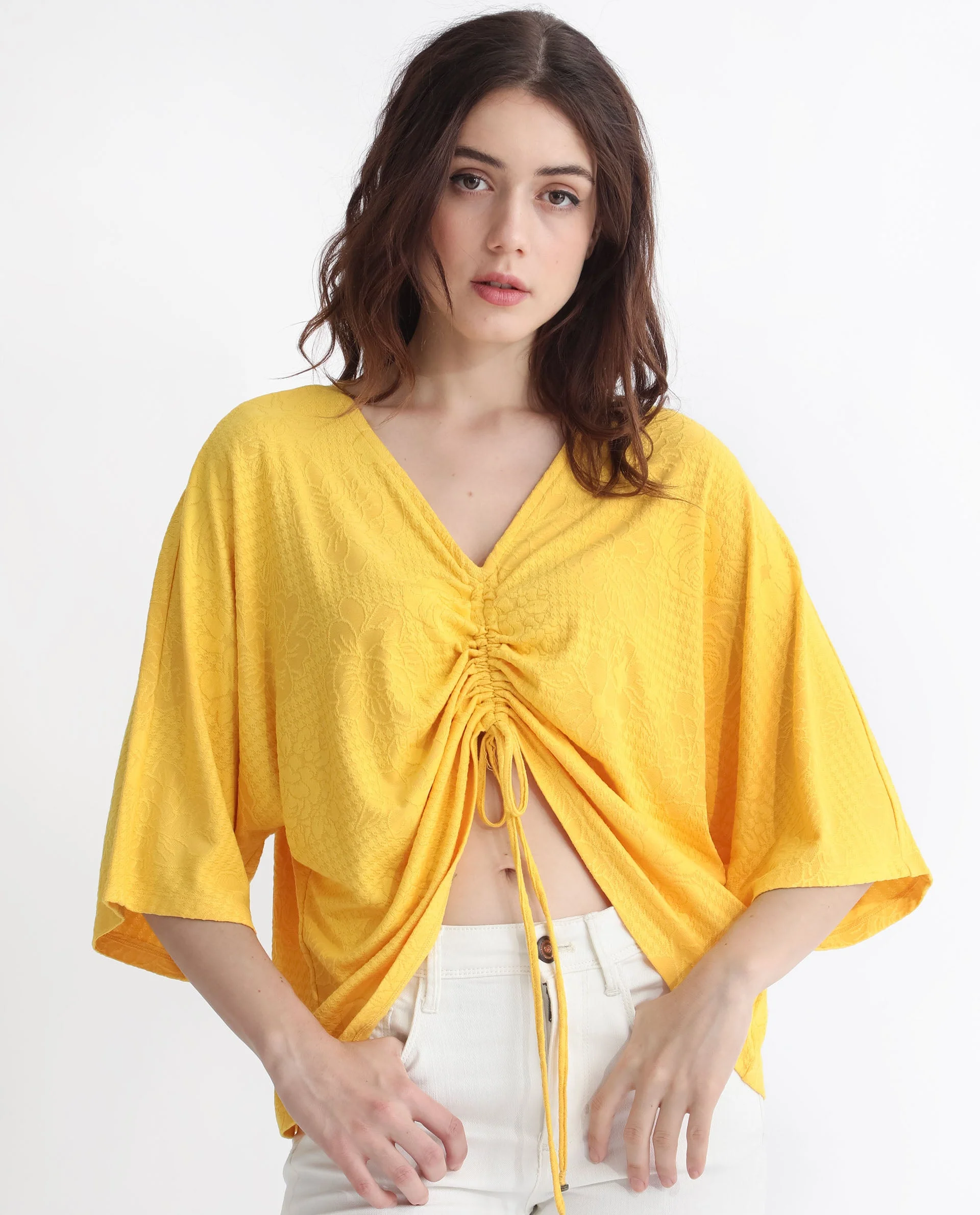 Rareism Women's Saim Yellow Polyester V-Neck Floral Print Extended Sleeves Relaxed Fit Top - Image 3