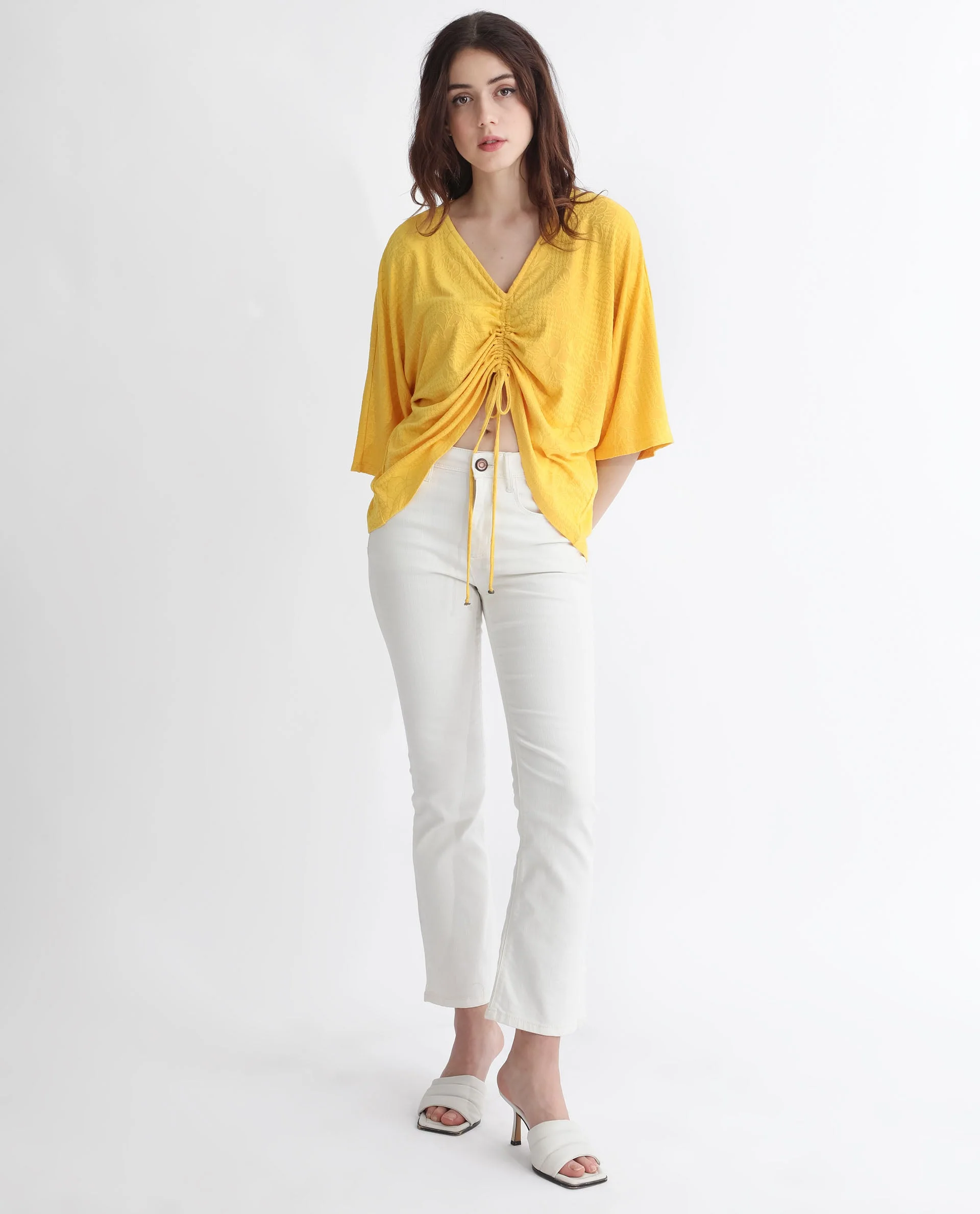 Rareism Women's Saim Yellow Polyester V-Neck Floral Print Extended Sleeves Relaxed Fit Top - Image 4