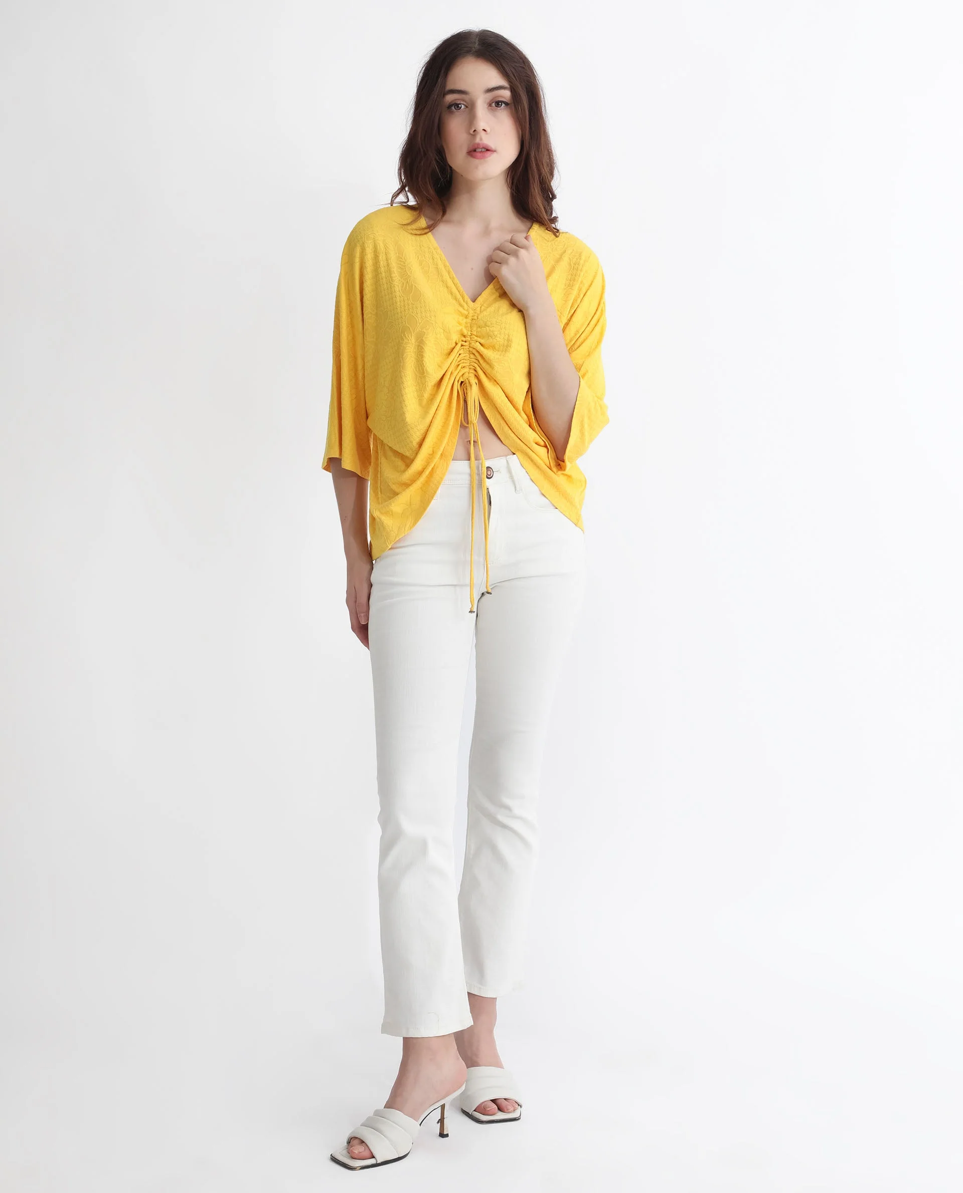 Rareism Women's Saim Yellow Polyester V-Neck Floral Print Extended Sleeves Relaxed Fit Top - Image 5