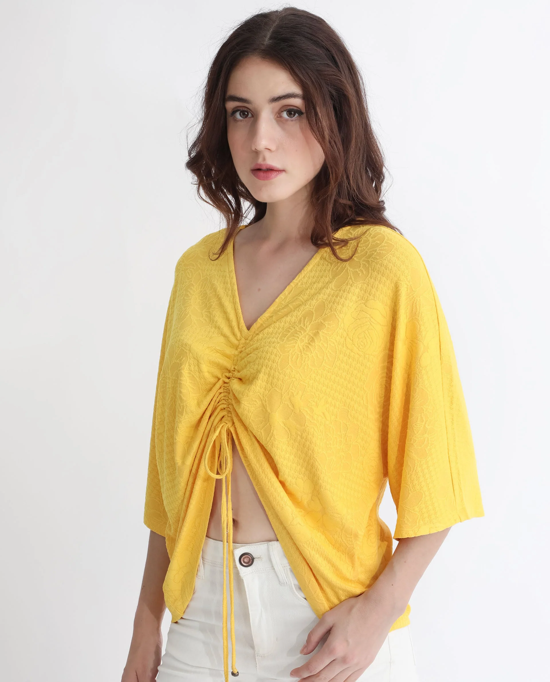 Rareism Women's Saim Yellow Polyester V-Neck Floral Print Extended Sleeves Relaxed Fit Top - Image 8