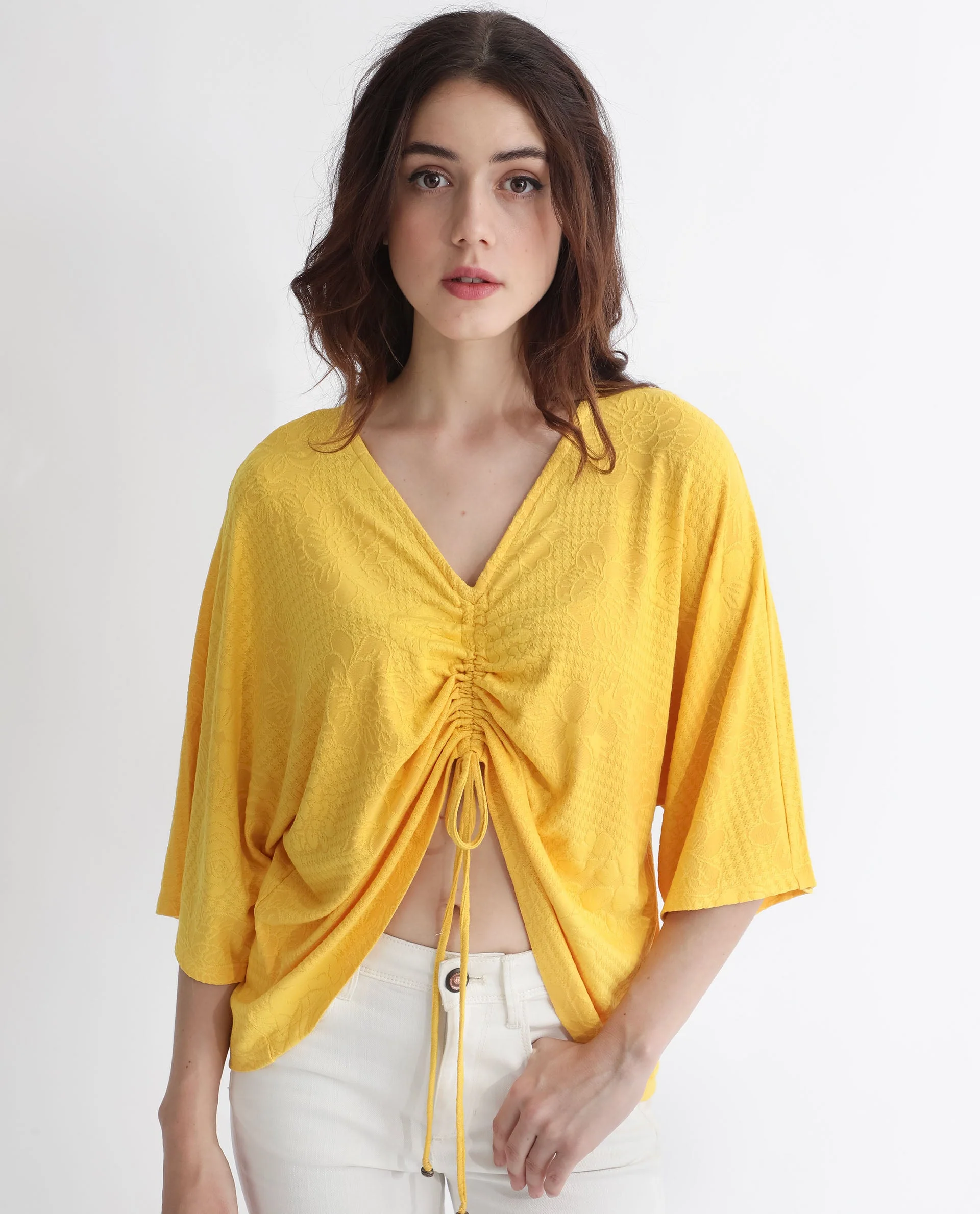 Rareism Women's Saim Yellow Polyester V-Neck Floral Print Extended Sleeves Relaxed Fit Top - Image 9