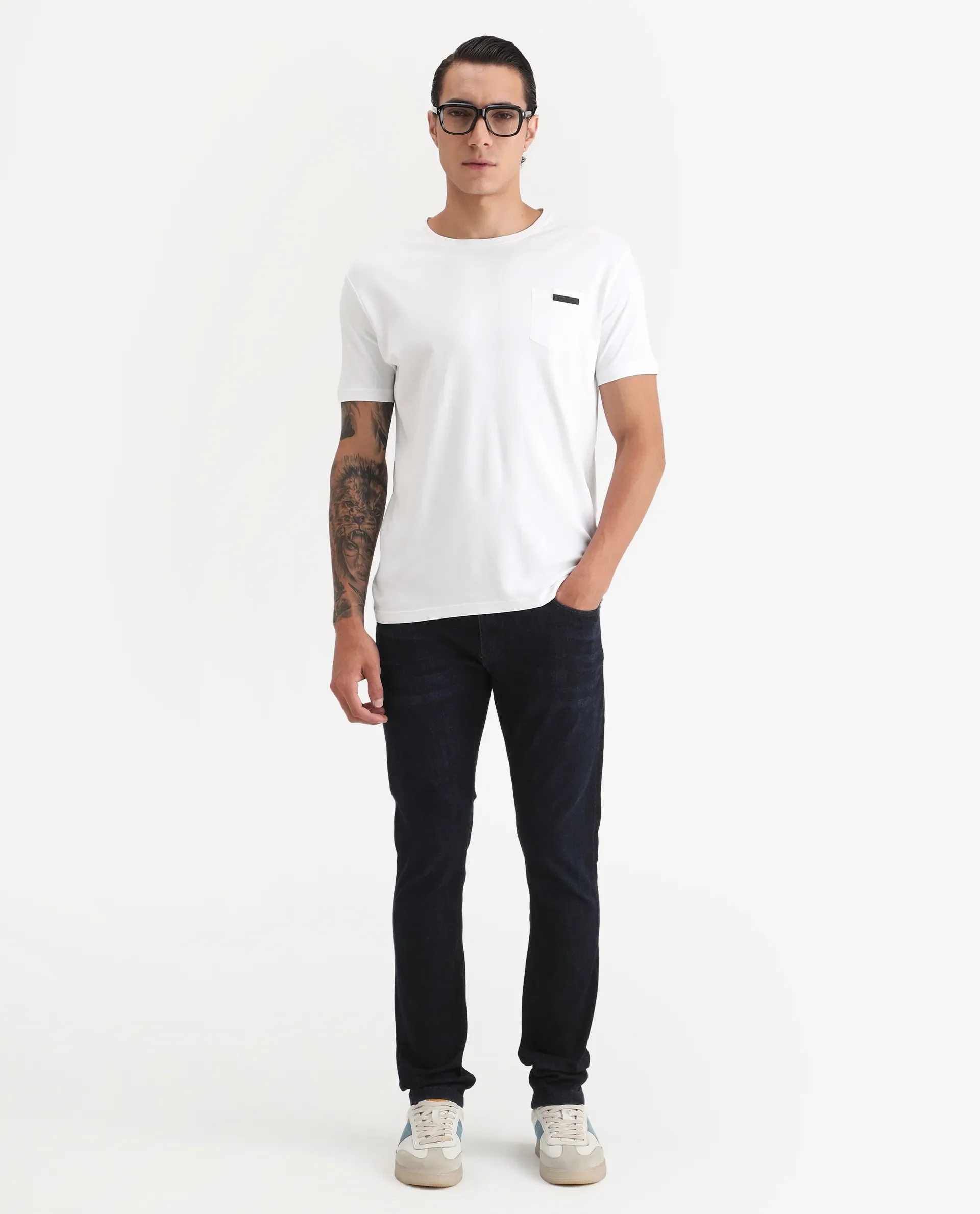 Rare Rabbit Men's Sain Navy Cotton Plain Hawk Slim Fit Jeans