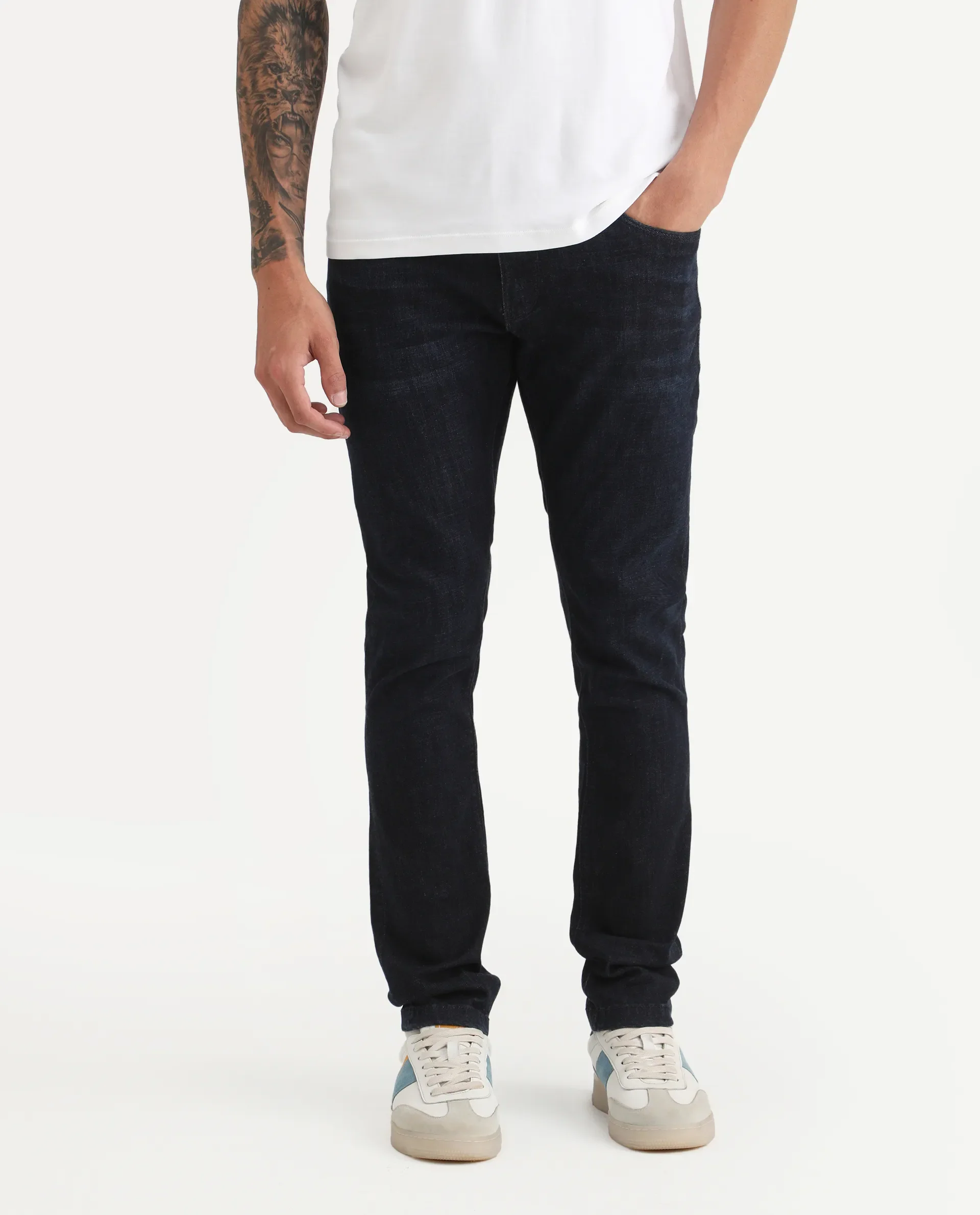 Rare Rabbit Men's Sain Navy Cotton Plain Hawk Slim Fit Jeans - Image 2