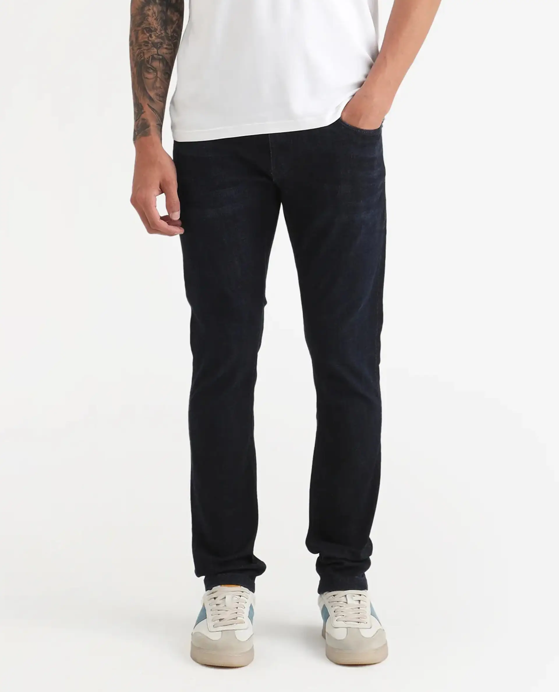 Rare Rabbit Men's Sain Navy Cotton Plain Hawk Slim Fit Jeans - Image 9