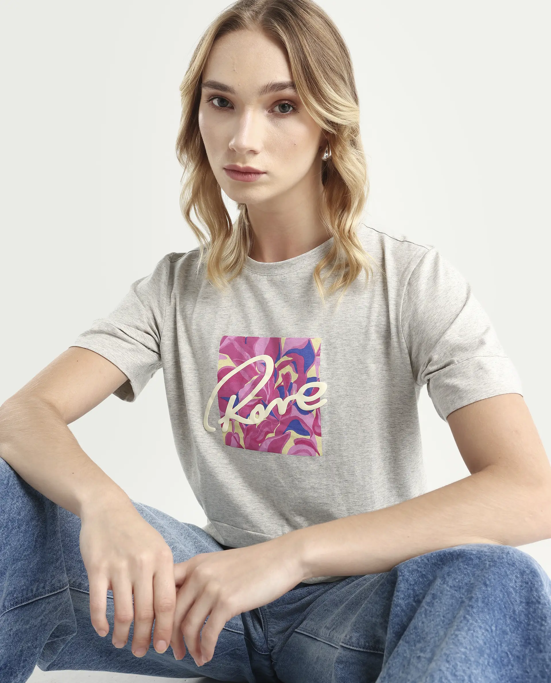 Rareism Women's Sandre Melange Grey Cotton Blend Crew Neck Graphic Print Regular Fit T-Shirt - Image 3